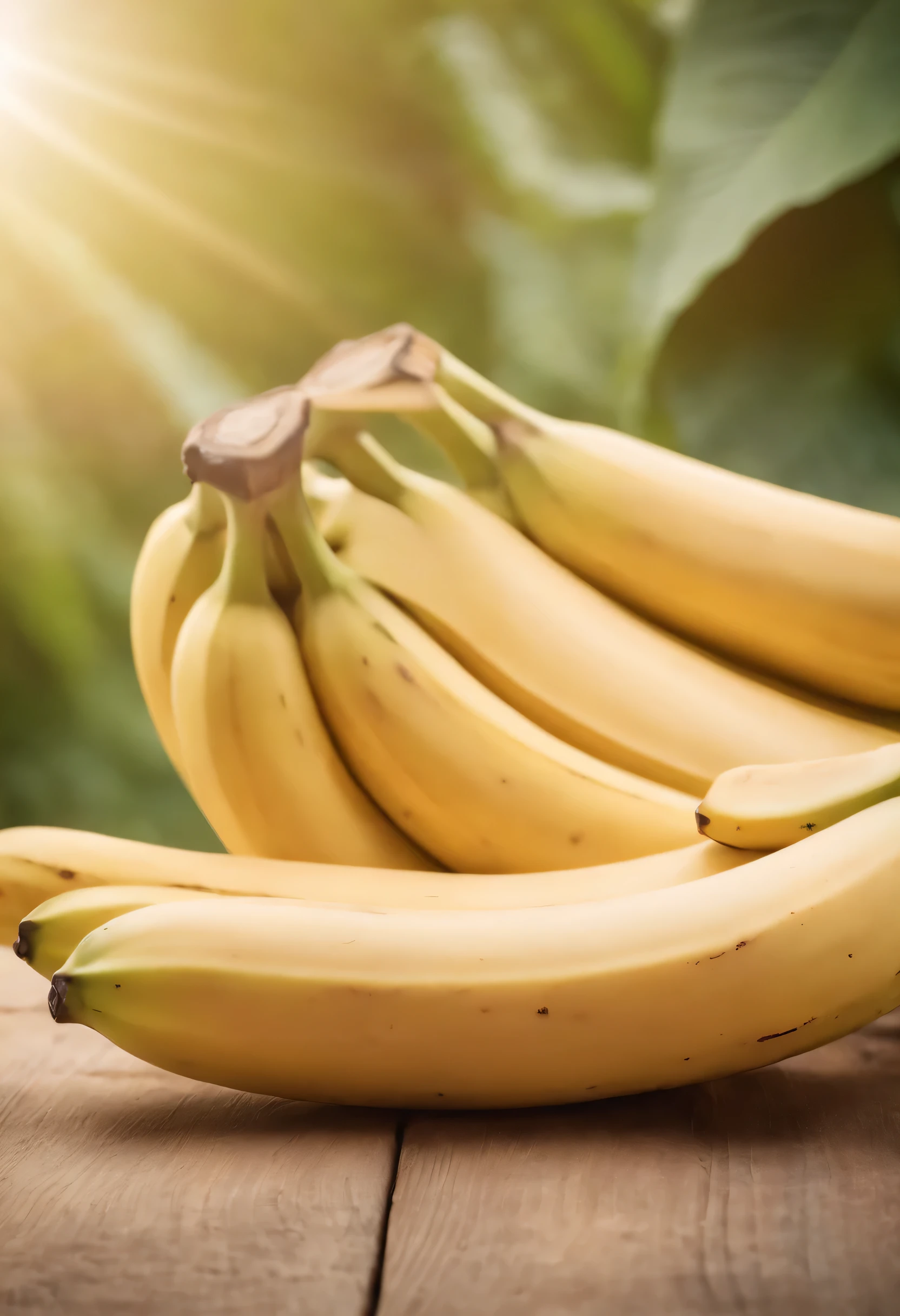 Create a beautiful image for commercial advertising, a realistic photo with many details of a bunch of bananas as a powerful element for treating diseases. These elements are used for natural supplementation. Create an atmosphere of health and well-being. Sunlight illumination and nature in the background. The image will make you crave consuming the elements. The main idea is to convey the concentrated power of nature.