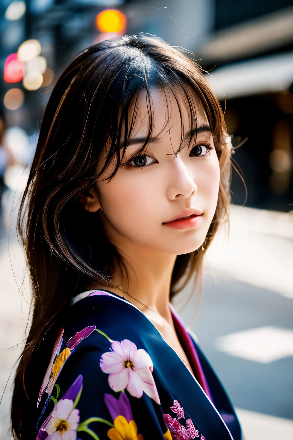 Beautiful Japanese supermodel woman, A lock of hair with slight highlights, black eyes, Sexy,street background,Gorgeous kimono , Liquid color flows across her face, Shooting against the light,Perfect facial lighting,mixed media