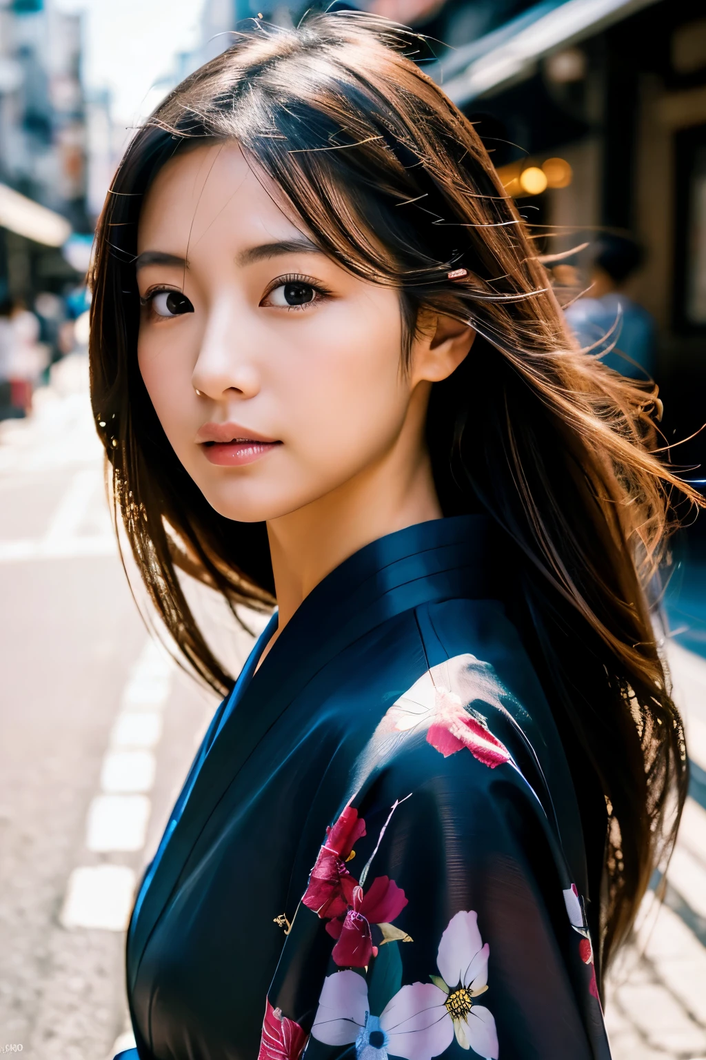 Beautiful Japanese supermodel woman, A lock of hair with slight highlights, black eyes, Sexy,street background,Gorgeous kimono , Liquid color flows across her face, Shooting against the light,Perfect facial lighting,mixed media