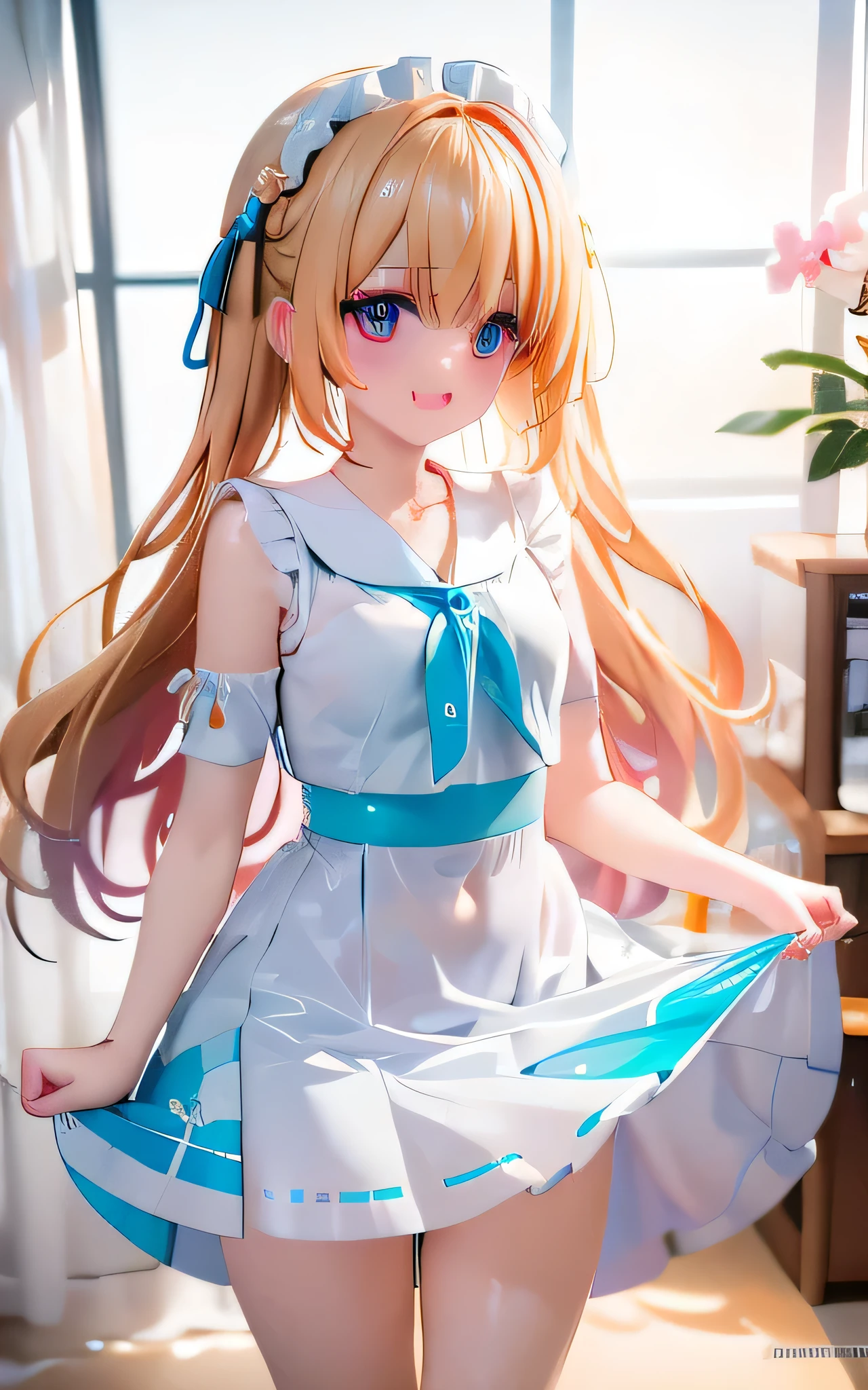 masterpiece、highest quality、official art、Highly detailed CG Unity 8K wallpaper、like 、very delicate and beautiful、超A high resolution、(Photoreal:1.4)、golden hour lighting、(Upper body)、(Platinum Long Hair:0.8)、(puffy eyes)、looking at the viewer、facing there、laughter、JK's Skirt、white dress、torn skirt、Only the clothes are wet、bangs、brown hair with silk-like wavy tips、detailed hair bundles、、smile、open your mouth、