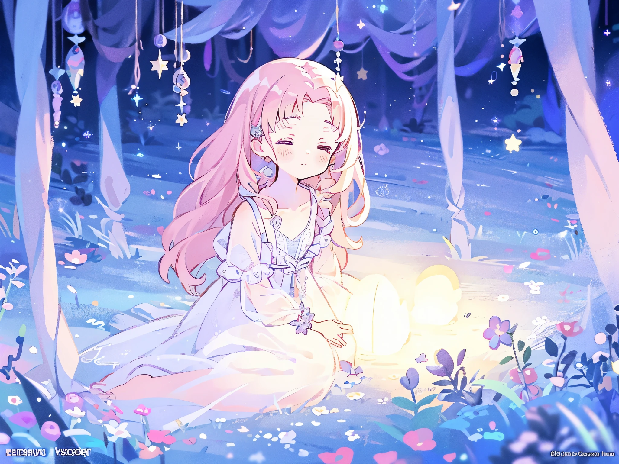complex background, wishing star background, a woman wearing an ethereal mystical pink translucent dress that reflects the stars, perfume promo art, mystic, complex drawing, highly detailed, Covergirl brand, promo art, artistic rendition, ethereal, starry night, midjourney style, flowers, plants, magical star garden