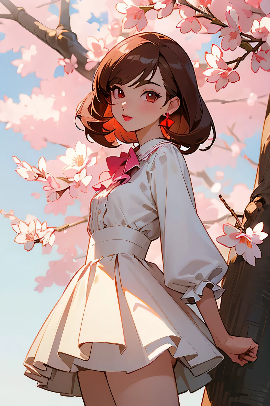 masterpiece, top quality, super detailed, high resolution, (ink painting style), excellent anatomy, 1 beautiful woman, (shining eyes, detailed beautiful face), be familiar with illustration, 8K, anime, (casual dress, spring fashion), (blouse with white ruffles, lime green pleated skirt), cute pose, cute face, be familiar with face, beautiful eyes, dark red eyes, be familiar with eyes, red lips, red lipstick, little brown hair, (pink flowers in ears, earrings), (white ankle short boots), hair highlights, standing, cherry blossoms are blooming on the tree behind me, blue sky with clouds, be familiar with, complex, anime style, highly be familiar with, (beautiful anime), best light, best shadow, mysterious, perfect face, highly detailed,