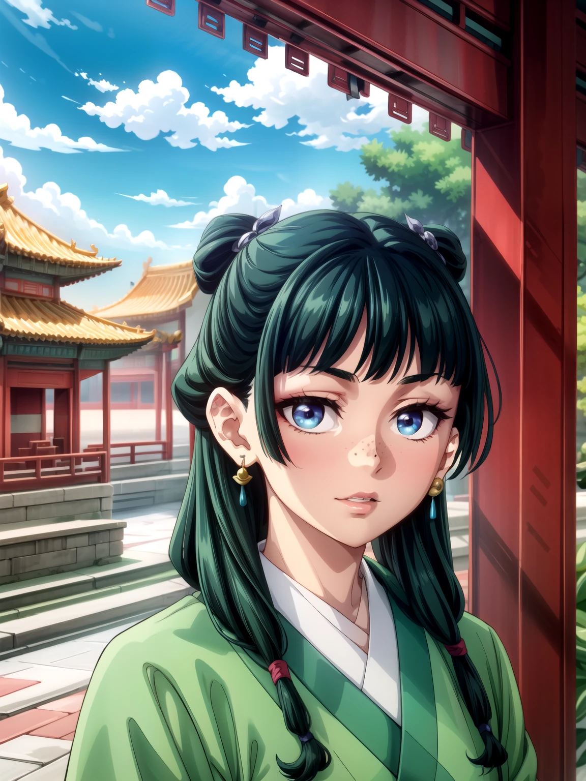 (masterpiece:1.2, best quality:1.1, highres,absurdres, high quality),(photorealistic:1.1),reflected light, colorful,ultra-detailed,8k, ultra hd, super detailed,
long hair, blue eyes, freckles, green hair, twintails, night sky,night,  chinese clothes, jewelry,green kimono, looking at viewer,  shaded face, full body, chinese palace on background, 
 