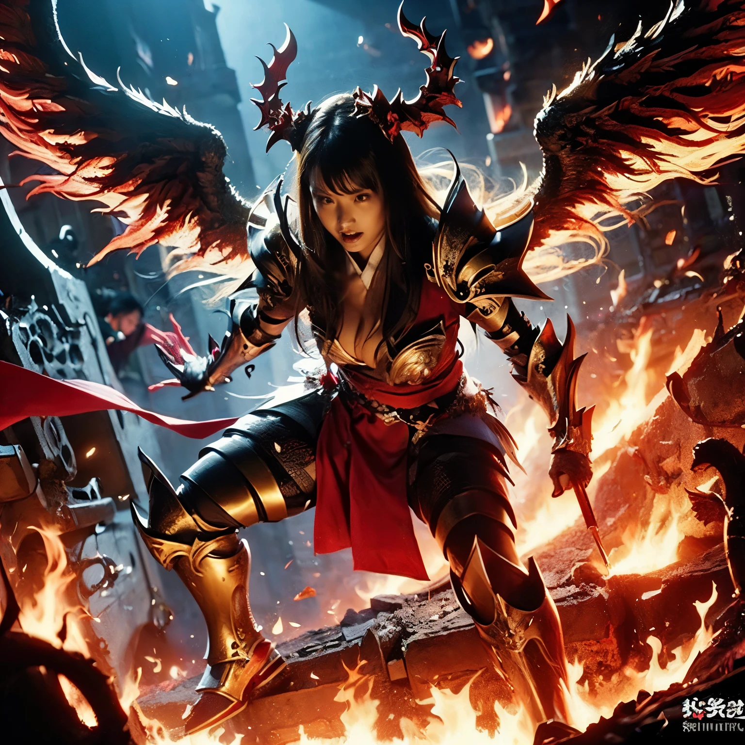 (((Realistic, masterpiece, best quality, crisp detail, high definition, high detail, very rich detail, sharp focus, sharp detail, colorful, rich color, perfect studio lightning))), ((20 years old, goddess of fire, kasumi arimura, flying, floating)),(((in the middle of war, epic war scene))), wearing (((beautiful decorated golden heavy armor, phoenix armor, phoenix tails, decorated full body armor, fully armored beautiful kimono, wide golden phoenix wings))), (flying, floating, attack stance, burning hands, holding fantasy weapon, blood scattered face, blood tears, blood bath, blood shed), (((fire everywhere, blood everywhere, death everywhere, japan bakumatsu period, dead bodies,carcass,burned japanese castle,hellish,chaos, hell fire, inferno, molten lava)) traditional village background), shot from below