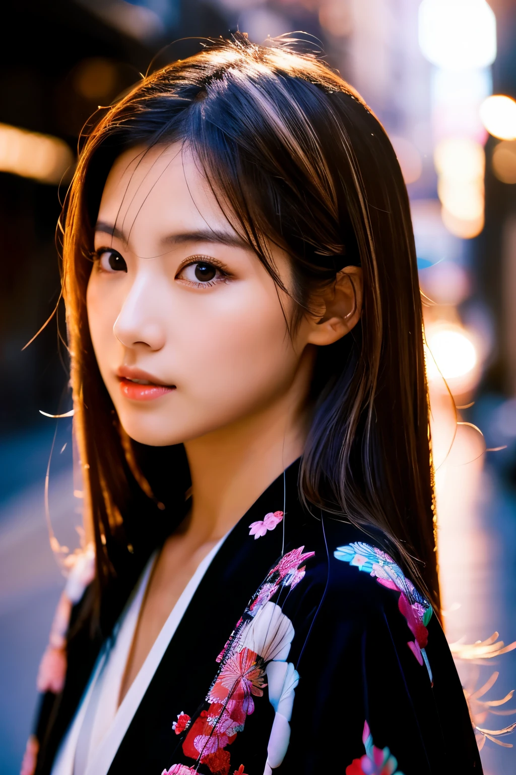 Beautiful Japanese supermodel woman, A lock of hair with slight highlights, black eyes, Sexy,street background,Gorgeous kimono , Liquid color flows across her face, Shooting against the light,Perfect facial lighting,mixed media