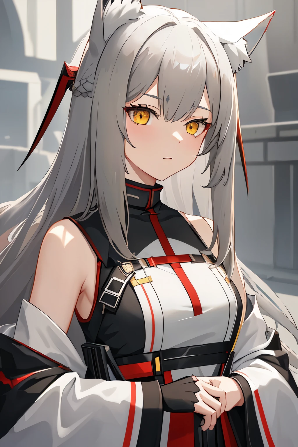 best quality, masterpiece, highres, solo, {projekt_red_arknights:1.15}, animal_ears, wolf_ears, grey_hair, hair_between_eyes, wolf_girl, yellow_eyes, bangs, long_hair, upper_body