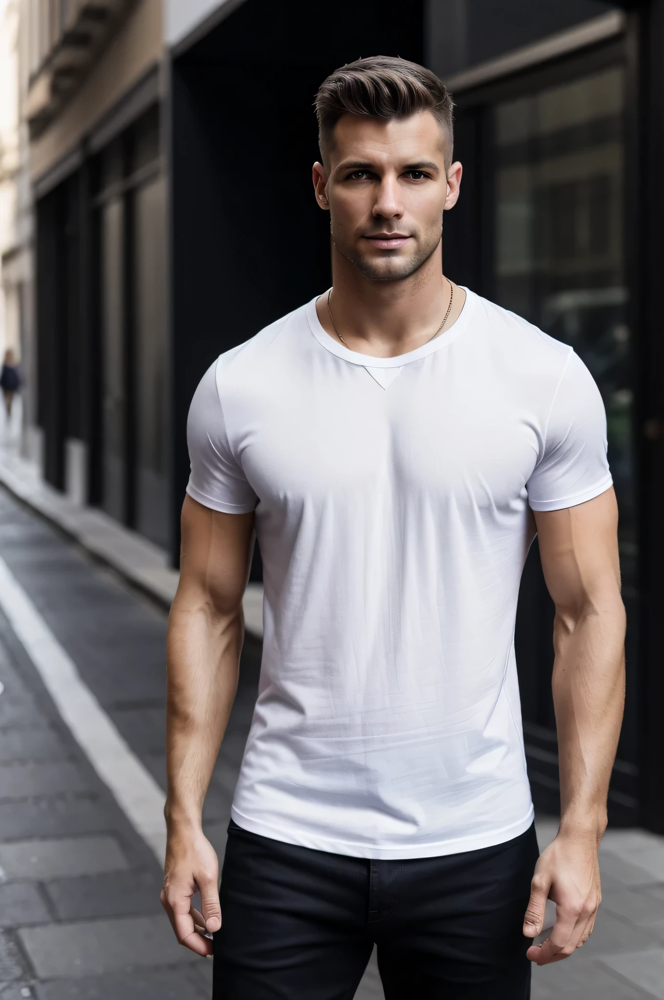 modern, depth of field, retina, best quality, highres, textured skin,A European and American man wearing a white T-shirt,standing on the street,strong body,photo