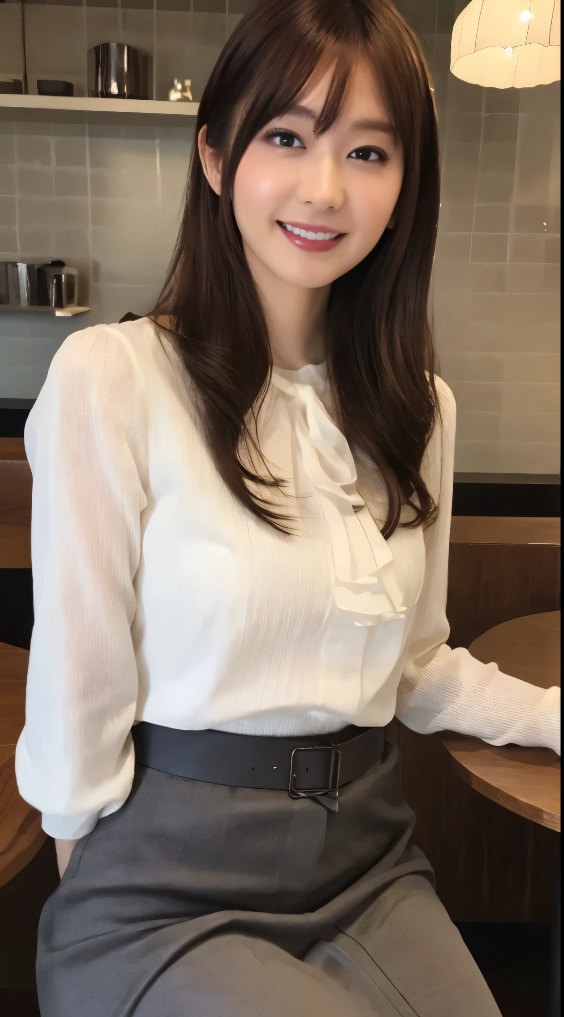 masutepiece, Best Quality, Illustration, Ultra-detailed, finely detail, hight resolution, 8K Wallpaper, Perfect dynamic composition, 1 beautiful girl, Beautiful detailed eyes, girly blouse, long skirt, Medium Hair, normal breasts, Natural Color Lip, Random Poses,Smile, open mouth:0.8, in Snazzy cafe, 20 years girl