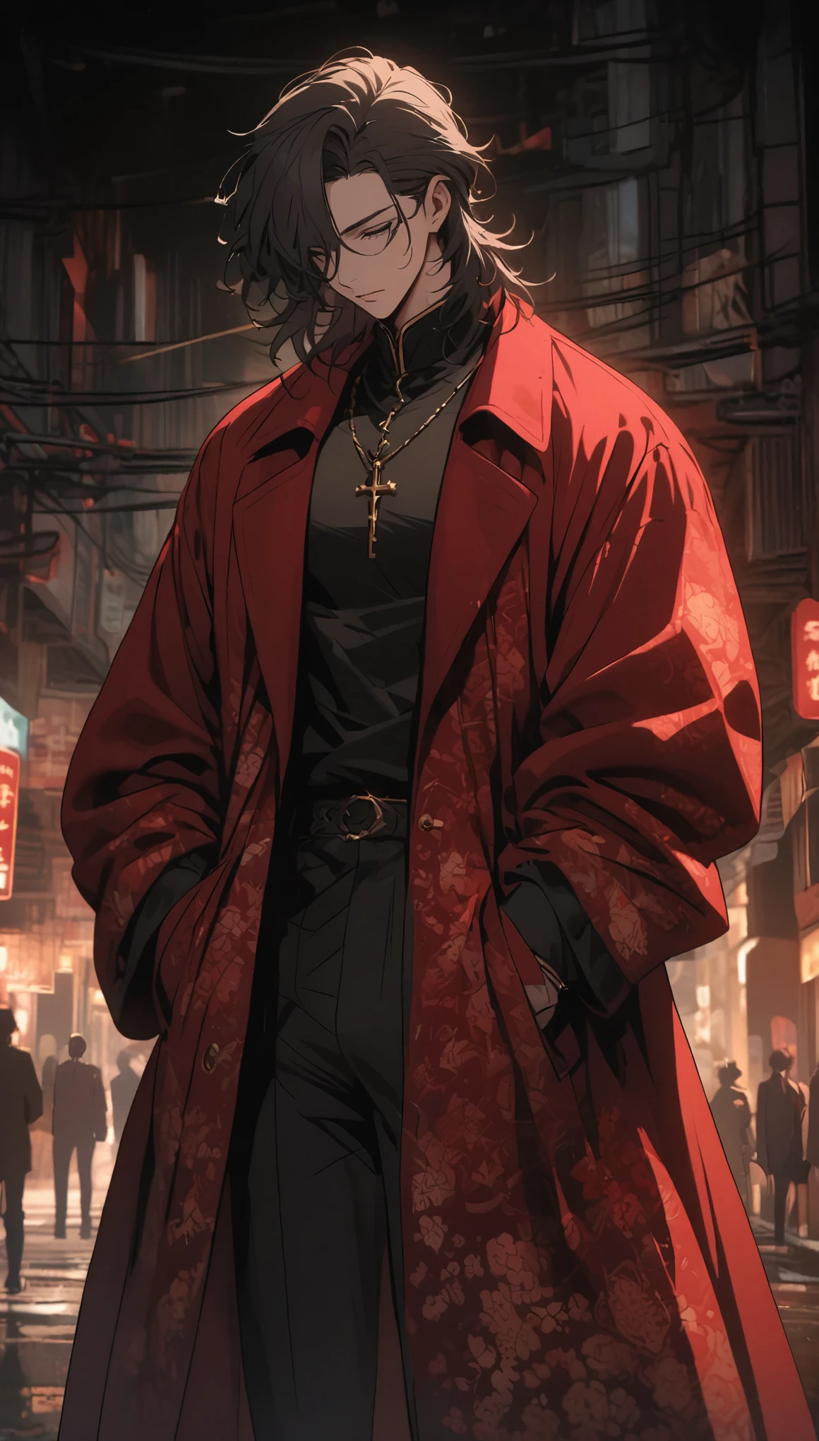 Black donkey wearing Northeastern red floral thick cotton coat,Cross your arms,Head turned to one side stubbornly