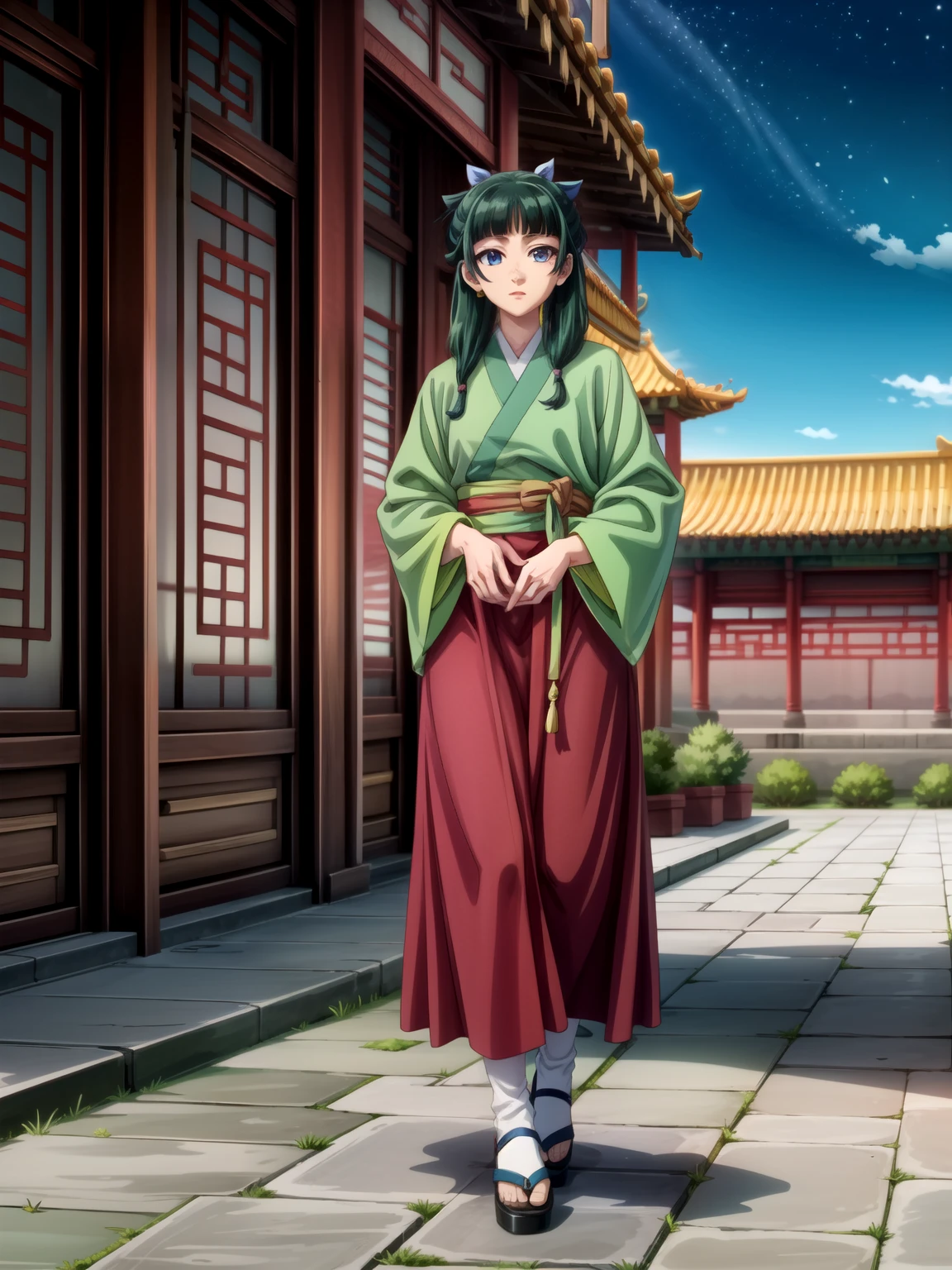 (masterpiece:1.2, best quality:1.1, highres,absurdres, high quality),(photorealistic:1.1),reflected light, colorful,ultra-detailed,8k, ultra hd, super detailed,
long hair, blue eyes, freckles, green hair, twintails, night sky,night,  chinese clothes, jewelry,green kimono, looking at viewer,  shaded face, full body, chinese palace on background, 
 