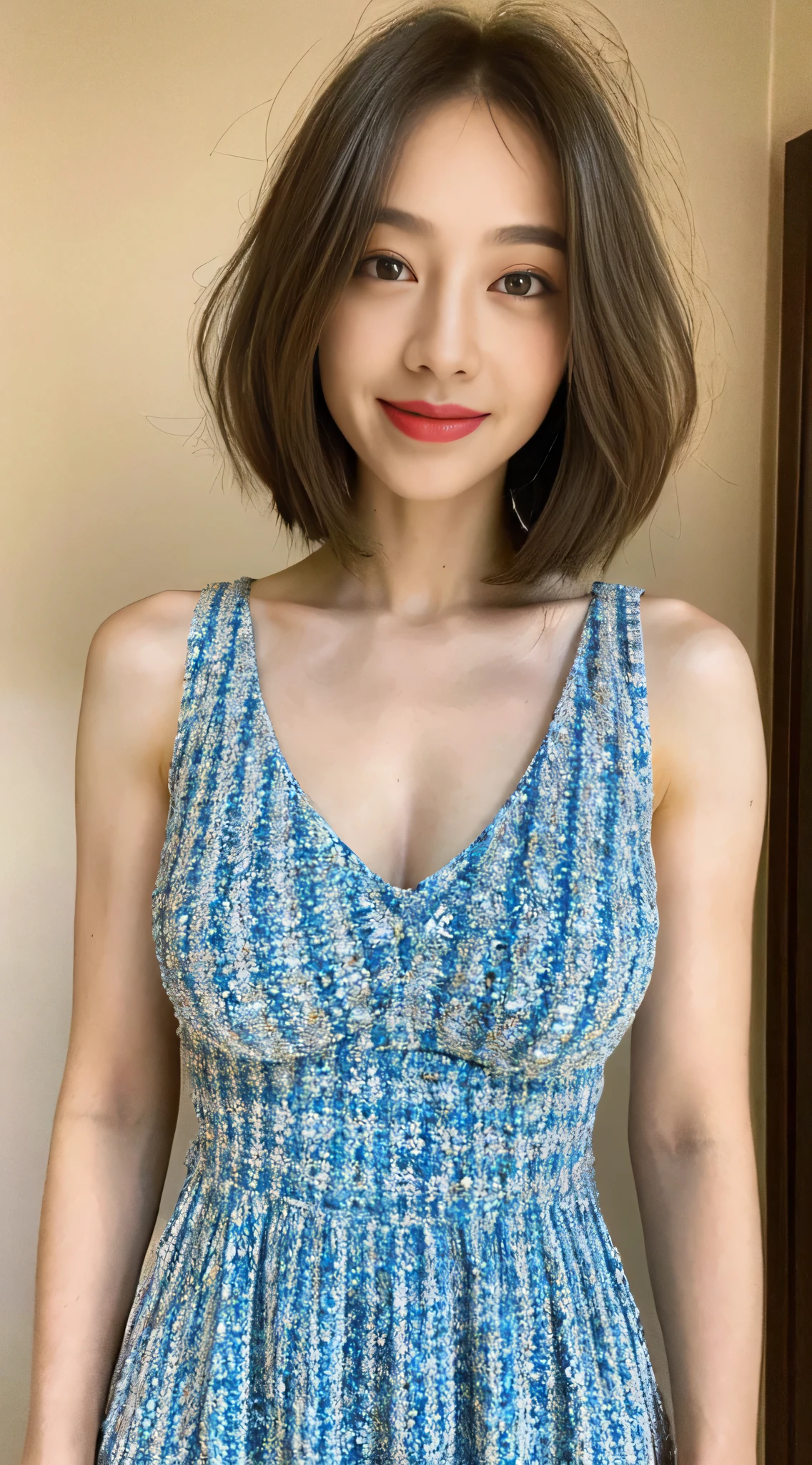 ((highest quality, 8K, masterpiece: 1.3)), 1 girl, The beauty of slim abs: 1.3, (hairstyle casual, big breasts: 1.2), dress: 1.1, super fine face, delicate eyes, double eyelid, smile, Home