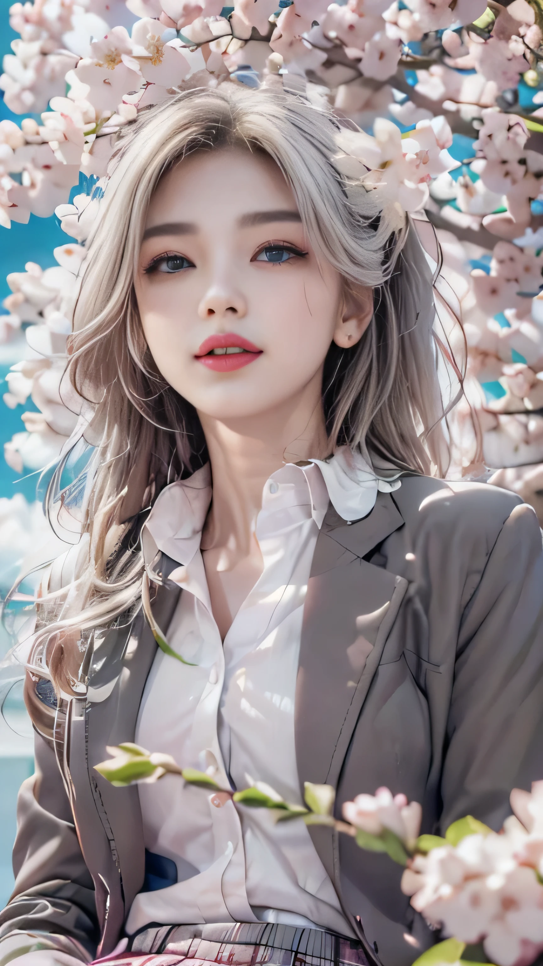 ((girl sitting on a row of cherry blossom trees)),top quality work,Real work,Ultra premium graphics,8K HD CG作品,high quality graphics,High-definition CG works,10x pixels,super fine details:1.1,Advanced technical details:1.1Photo-realistic,indoor lighting effects:1.5,Natural light:1.5. light effect(virtual light effect:1.8),超A high resolution,shiny red dress,長いsilver hair,silver hair,transparent hair,high detail hair(premium hair detail:1.1)clear eyes,beautiful double eyelids,sharp eye makeup, delicate eyelash makeup, thin eyebrows, highly detailed eyes,high nose, nice red lips, rose cheeks, A face with delicate makeup , cute face, perfectly proportioned face,(Advanced facial details:1.1),shiny,wonderful dress,bright red series,(white blazer) 、(white blouse)、(red bow tie)、(checked skirt)、(My skirt flies up in the wind)、white panties are visible、girls school uniform、photo shoot,woman'artwork of,full body figure,realism,wonderful,My eyes are shining today、(smile),(Cherry blossom petals are dancing)、((In a blizzard of flowers))、(smile),