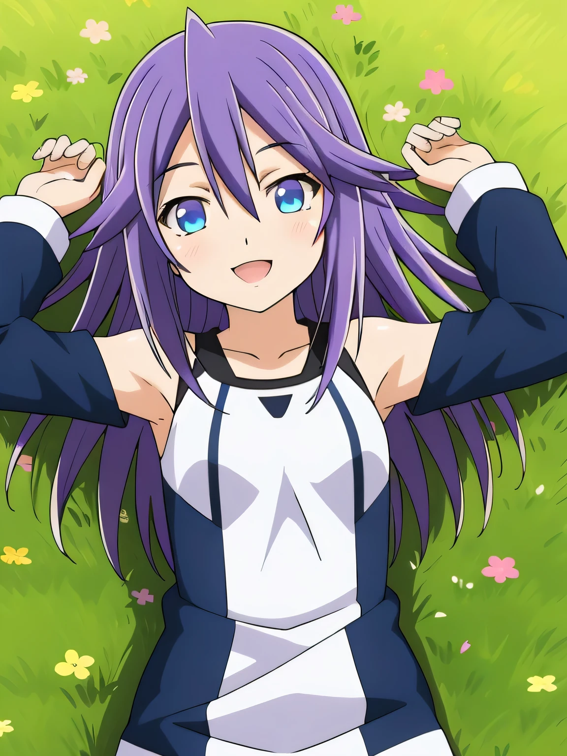 mizore_shirayuki ,1girl, solo, spread arms, smile, lying, on back, on grass, looking at viewer, solo, in the center, cowboy shot, high quality, arms up, closed mouth,