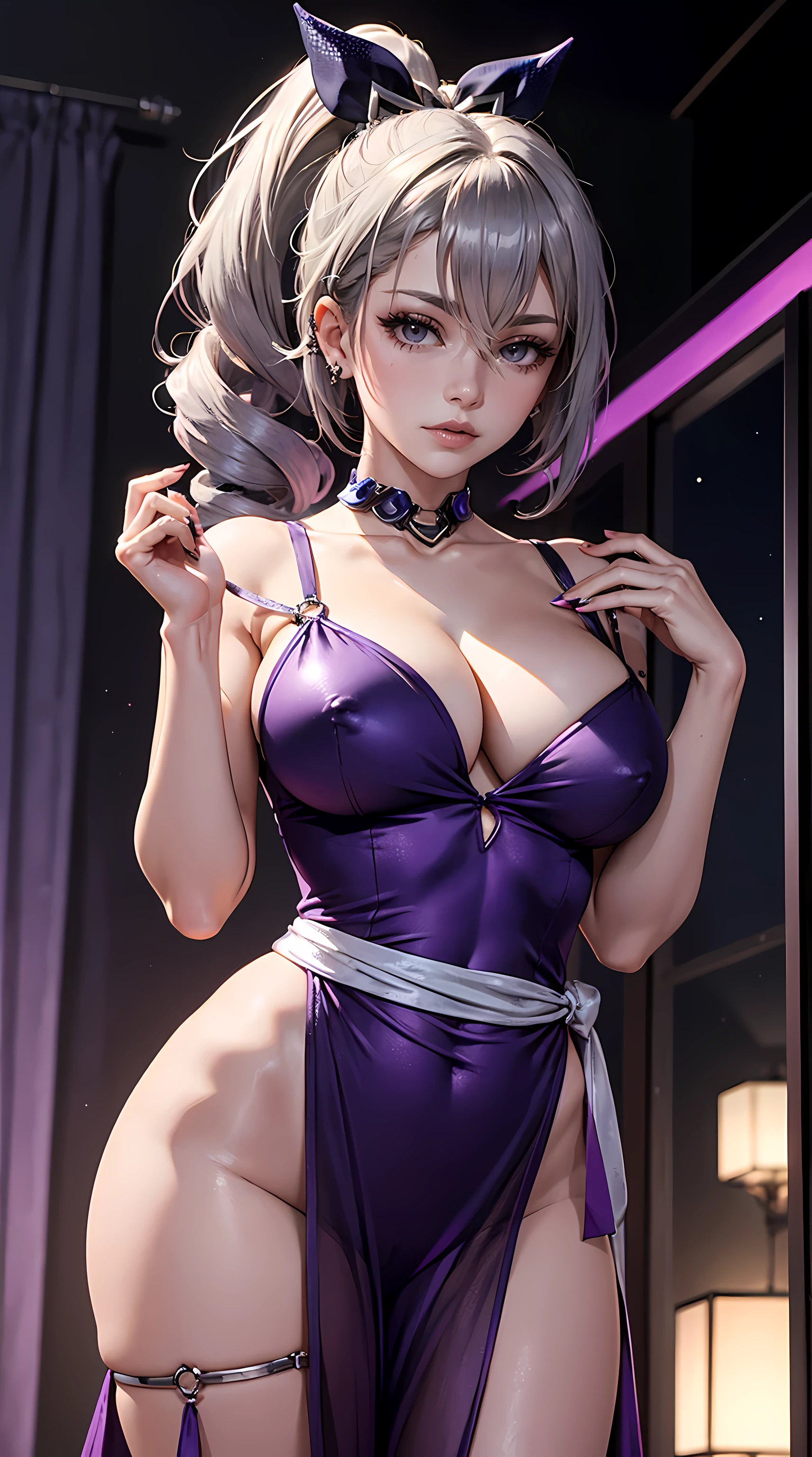 Beautiful silver hair girl is shown to have a slender figure. Spiral ponytail, bow in hair, She is wearing a beautiful NSFW dress, jewelry, grayish purple eyes, Girl standing in a gala ballroom, sexy session, putting her hands on her waist, poseing, exposed cleavage, cowboy shot, superior quality, many details, realistic
