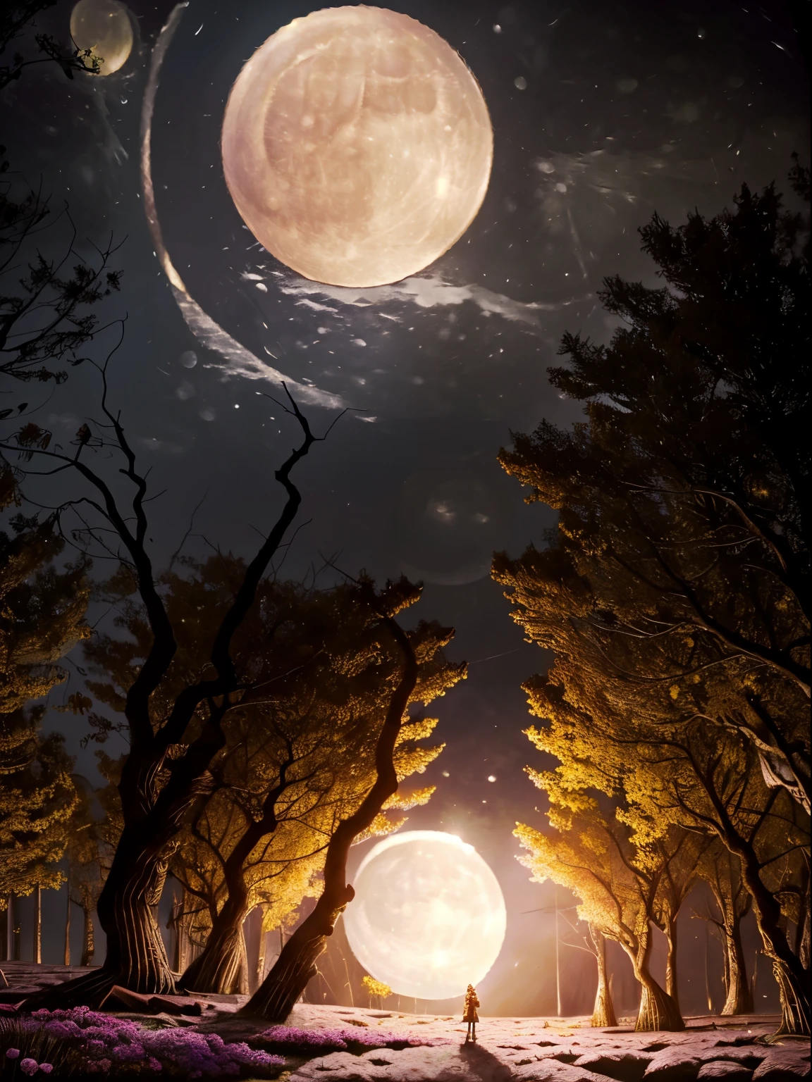 pink、オレンジ色のfull moon、vast landscape photography, (seen from below, the sky is above、the field is below), A girl standing in a flower field and looking up, (full moon: 2.0), (meteor: 0.9), (nebula: 1.3), distant mountain々 , tree BREAK craft art, (warm light: 1.2), (fire Fly: 1.2), light, pinkやオレンジがたっぷり, intricate details, volume lighting, Realism BREAK (masterpiece: 1.2), (highest quality), 4k, Super detailed, (dynamic composition: 1.4), very detailed, colorful details, (Rainbow-colored: 1.2), (glow lighting, atmosphere lighting), dream-like, Magic, (alone: 1.2)