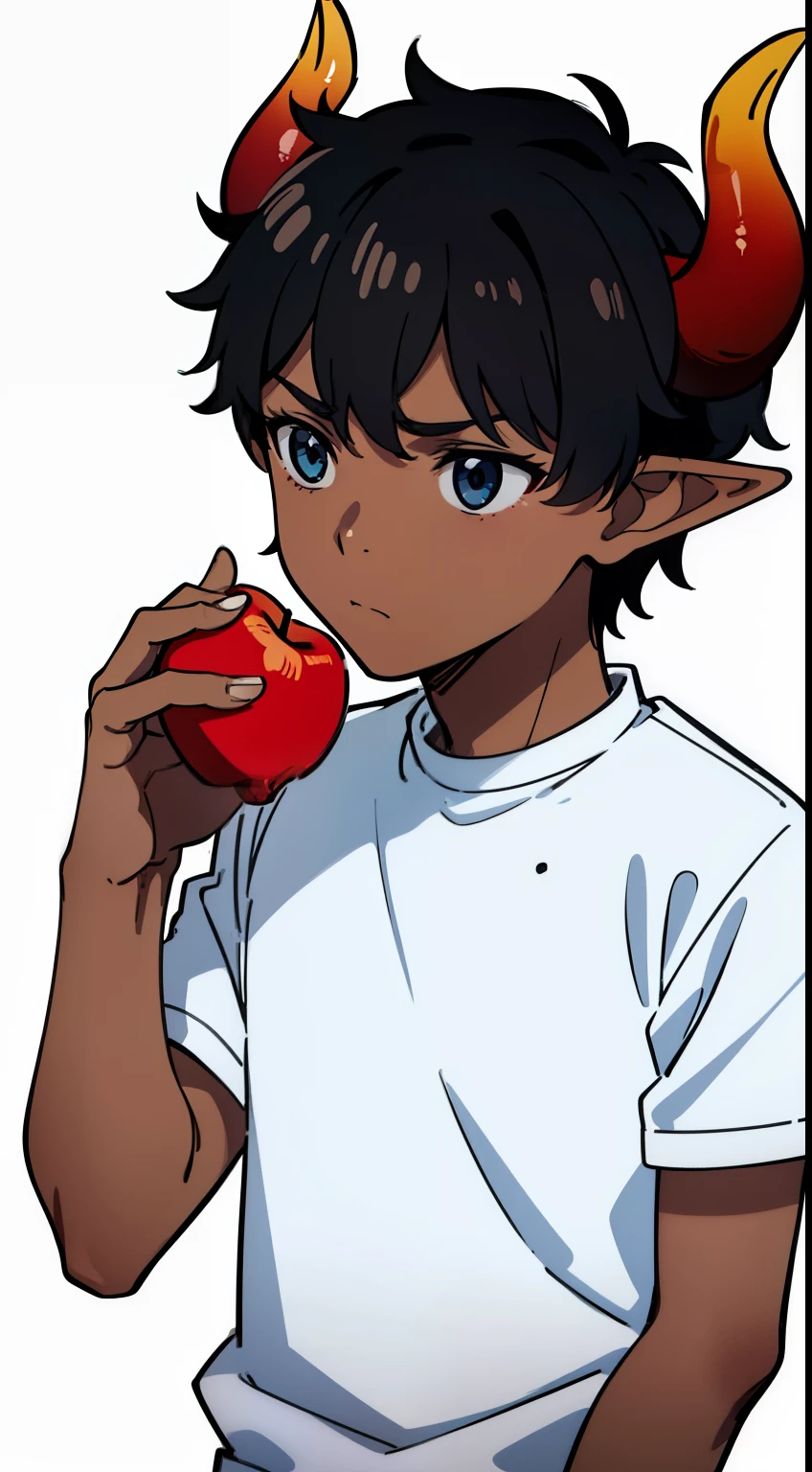 1boy,8 years old,solo,((dark skin)),((white shirt,short sleeves,black hair,elf ears,(horns),(white background),holding an apple,sad