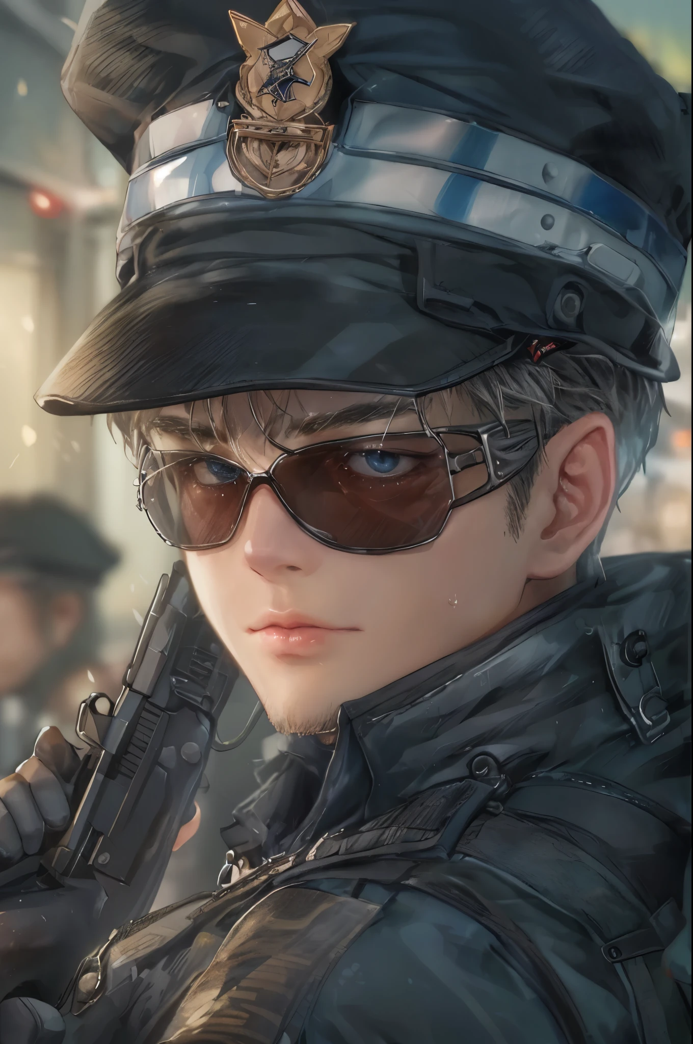 (masterpiece, top quality, best quality, official art, beautiful and aesthetic:1.2), boy, handsome, perfect detailed face, a boy in police clothes, warm tones, highest quality art, (perfect face), shiny skin, HDR, detailed surroundings, inside a training ground for police soldier, holding a gun aiming