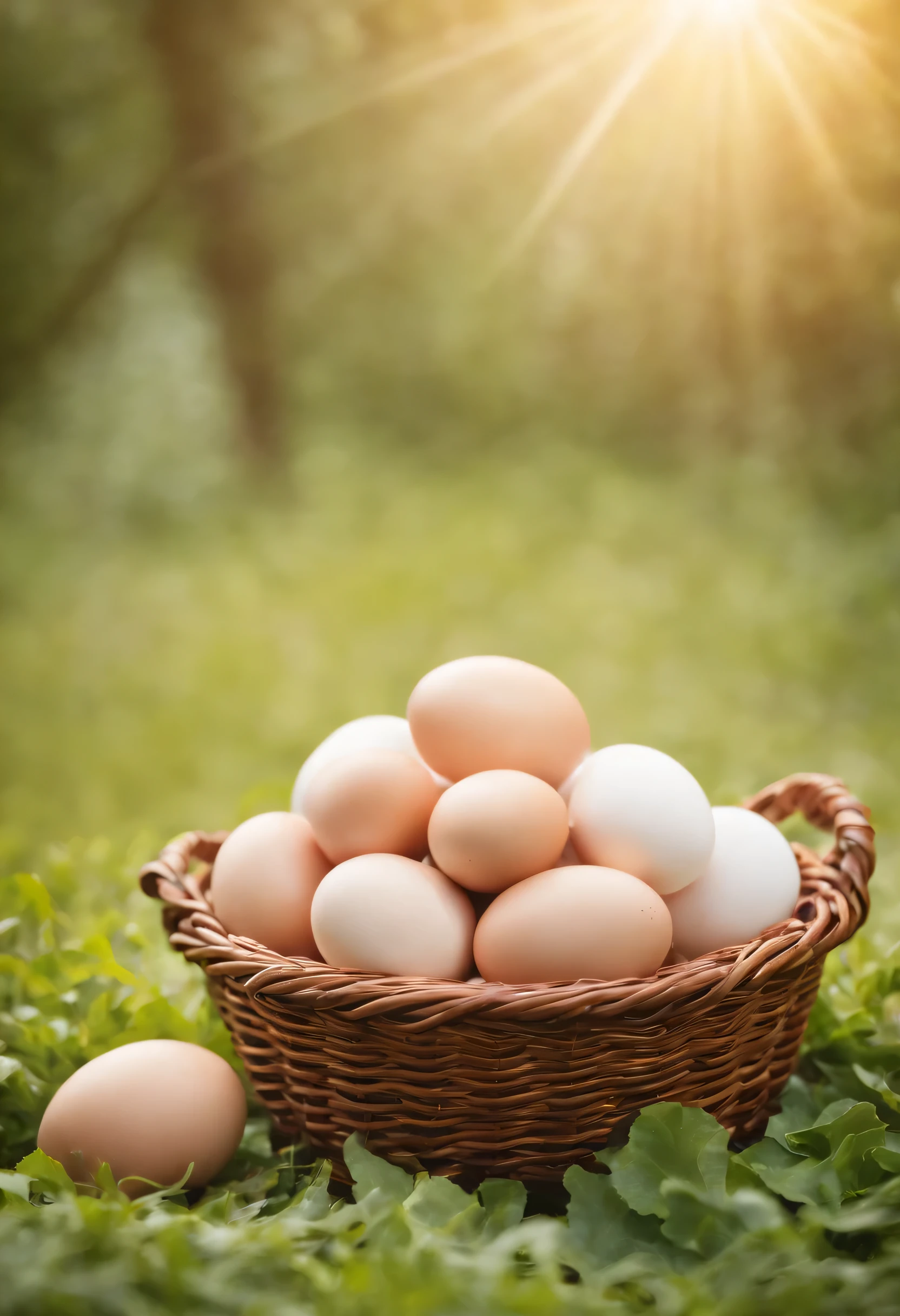 Create a beautiful image for commercial advertising, a realistic photo with many details of a basket of chicken eggs as a powerful element for treating diseases. These elements are used for natural supplementation. Create an atmosphere of health and well-being. Sunlight illumination and nature in the background. The image will make you crave consuming the elements. The main idea is to convey the concentrated power of nature.