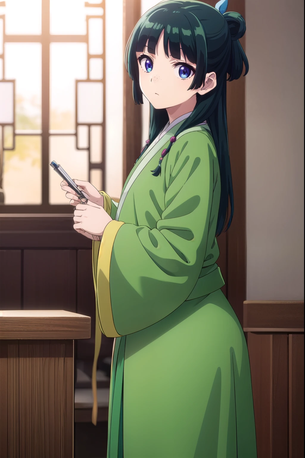 kusuriyamaomao, maomao, long hair, bangs, blue eyes, hair ornament, green hair, blunt bangs, freckles, hair bun, single hair bun,
BREAK japanese clothes, robe, green robe, long sleeves, wide sleeves, hakama, red hakama,
BREAK indoors,
BREAK looking at viewer, (cowboy shot:1.5),
BREAK (masterpiece:1.2), best quality, high resolution, unity 8k wallpaper, (illustration:0.8), (beautiful detailed eyes:1.6), extremely detailed face, perfect lighting, extremely detailed CG, (perfect hands, perfect anatomy),