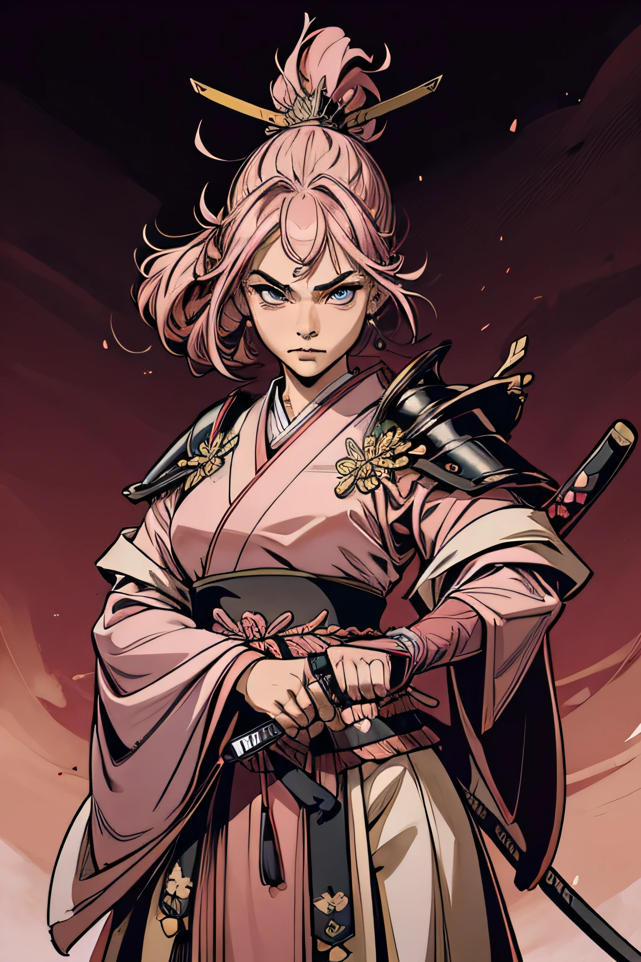 mulher, samurai, paleta de cores rosa, cabelo longo, cabelo rosa pink, cores rosa forte, armadura, armadura samurai, obra de arte, melhor qualidade, 4k, segurando espada japonesa, segurando katana, katana, full samurai armor, rosto tranquilo, olhos azuis.