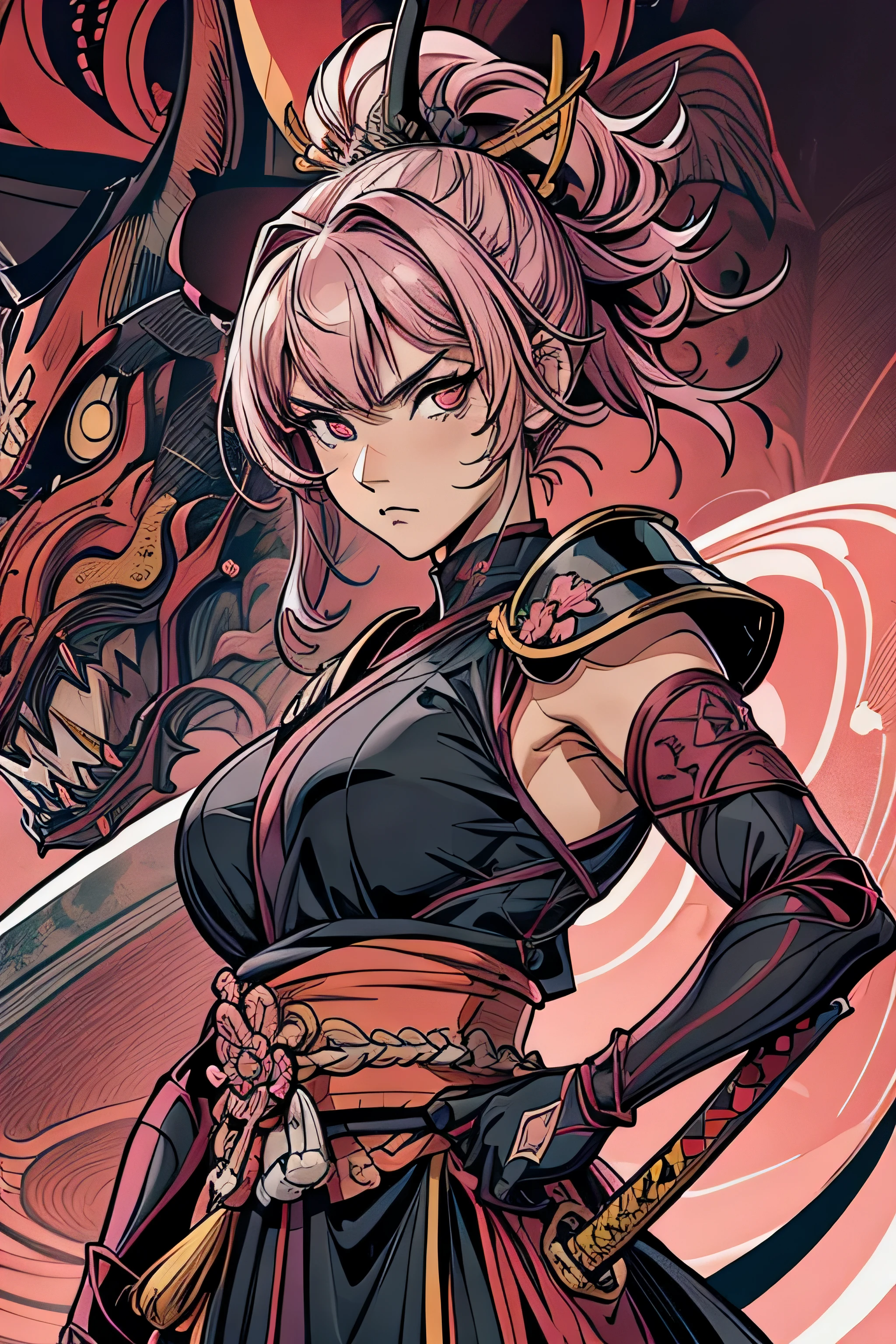mulher, samurai, paleta de cores rosa, cabelo longo, cabelo rosa pink, cores rosa forte, armadura, armadura samurai, obra de arte, melhor qualidade, 4k, segurando espada japonesa, segurando katana, katana, full samurai armor, rosto tranquilo, olhos azuis.