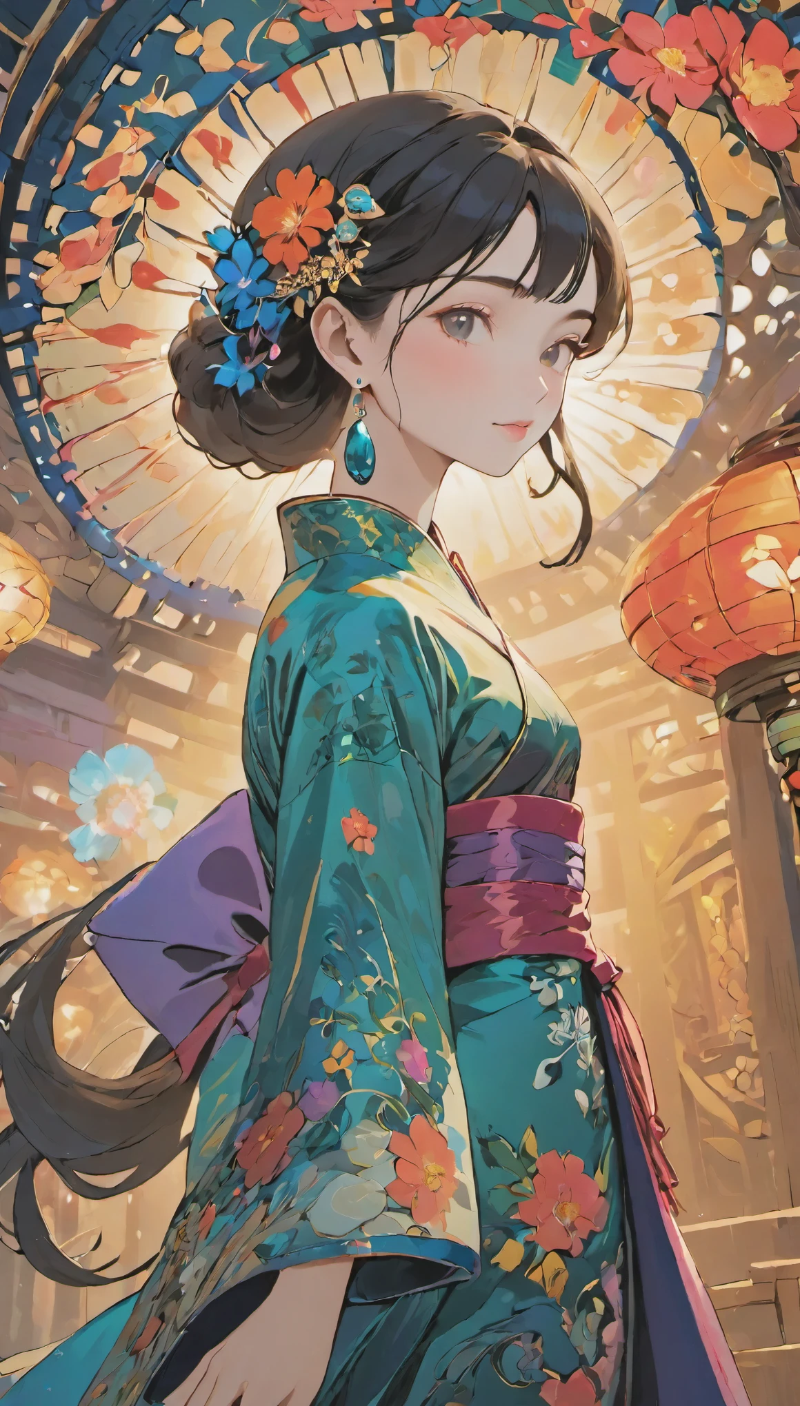 (masterpiece、highest quality、highest quality、official art、beautiful beautiful:1.2)、(one girl:1.3)、very detailed、(fractal art:1.1)、(dark color:1.1)(Floral:1.3)、most detailed、(tangled:1.2)、(dynamic pose)、(abstract background:1.3)、(qipao dress:1.2)、(shiny skin)、(lots of colors:1.4)、、(earrings:1.4)、