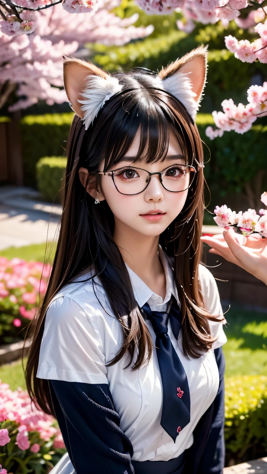 ((highest quality)), ((masterpiece)), (be familiar with), perfect face，((Kemo ears))beautiful girl，real，8k，Kemo ears，Cat ear，glasses，uniform，cherry blossoms，Turn around，long hair，looking at the camera