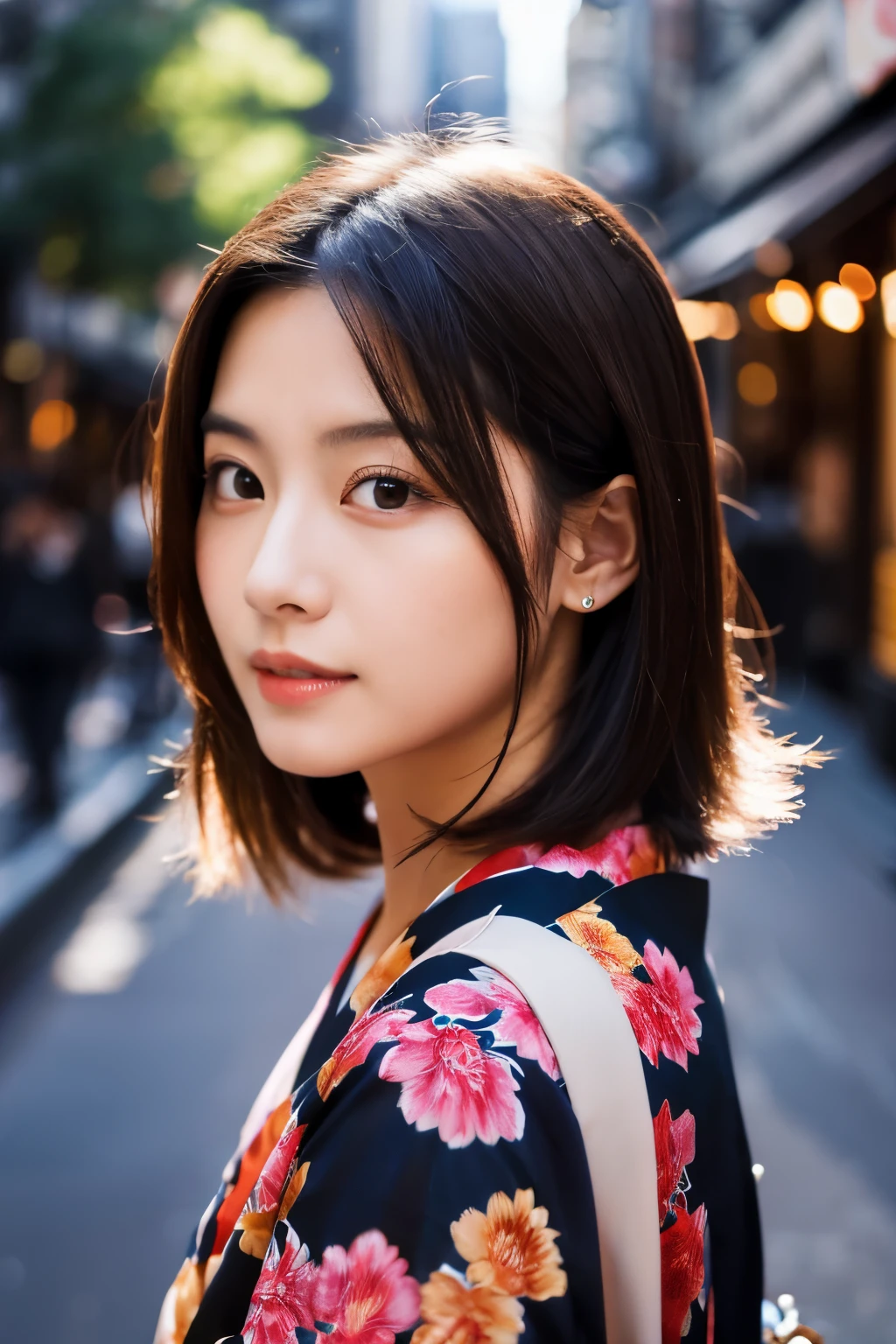 Beautiful Japanese supermodel woman, A lock of hair with slight highlights, black eyes, Sexy,street background,Gorgeous kimono , Liquid color flows across her face, Shooting against the light,Perfect facial lighting,mixed media