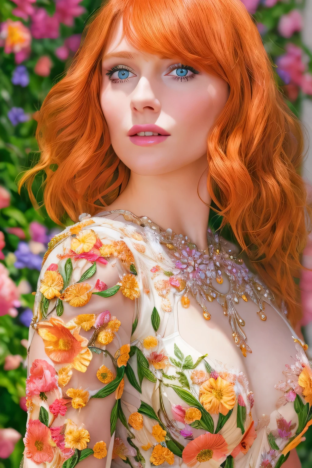 Masterpiece, (Bryce Dallas Howard: 0.5), 20 years, young, short hair, vivid orange hair, shy, cute, playful smile, high detail face, high detail skin, delicate colorful floral dress, (high detail eyes:1.3), (small breasts:1.2), (strong athletic body), garden wiith colorful flowers background, (UHD, 8K wallpaper, High resolution), Cinematic lighting, award-winning, extremely white detailed skin, extra detailed face, high detail eyes, photo-realistic, Zeiss 85 mm F/1.4, by Ellen von Unwerth