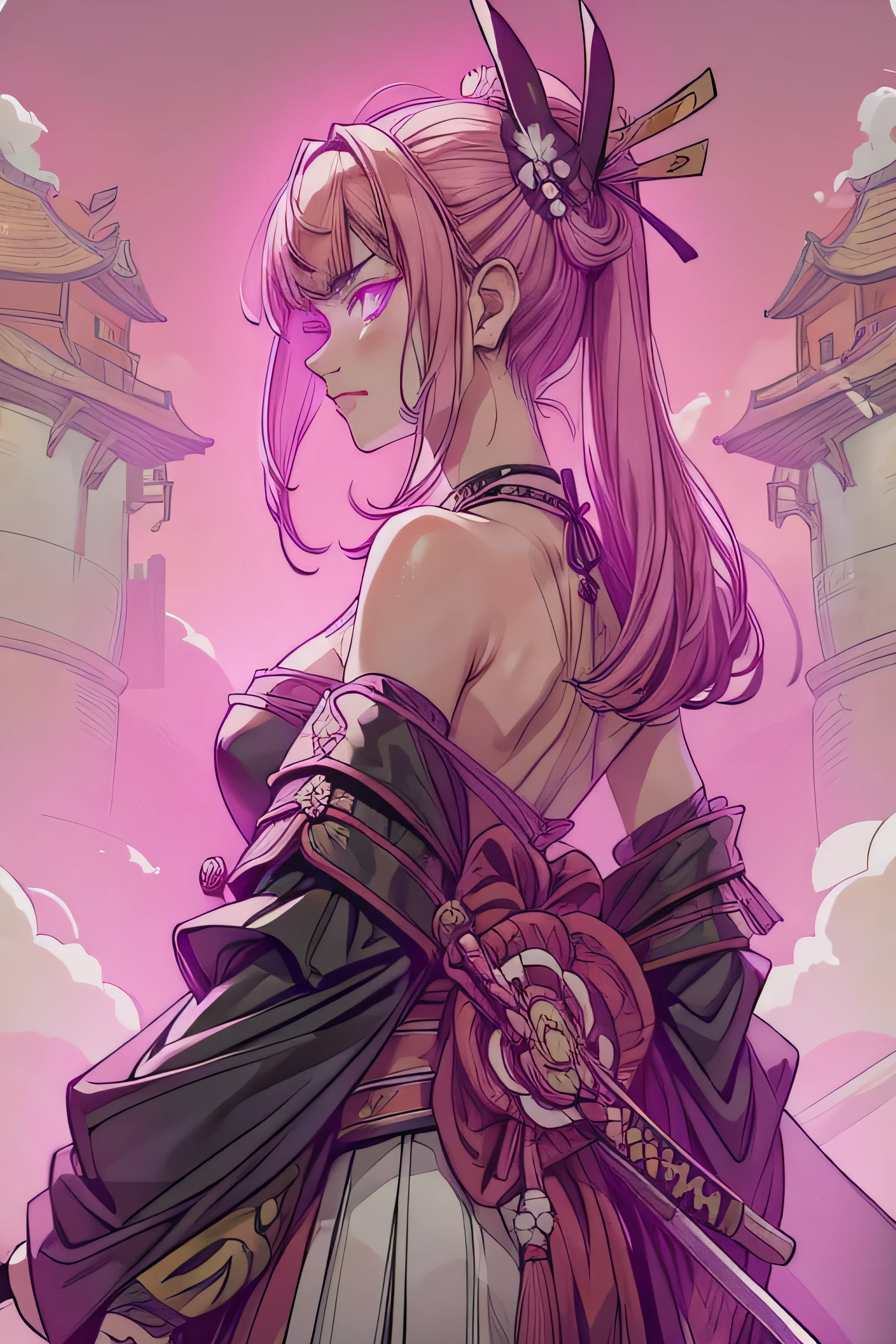 mulher, samurai, paleta de cores rosa, cabelo longo, cabelo rosa pink, cores rosa forte, armadura, armadura samurai, obra de arte, melhor qualidade, 4k, segurando espada japonesa, segurando katana, katana, full samurai armor, rosto tranquilo, olhos azuis.