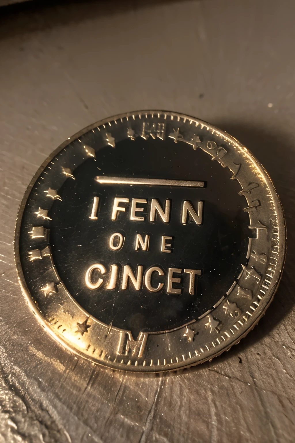 A coin on several floors in which the text "I FEEL" is seen