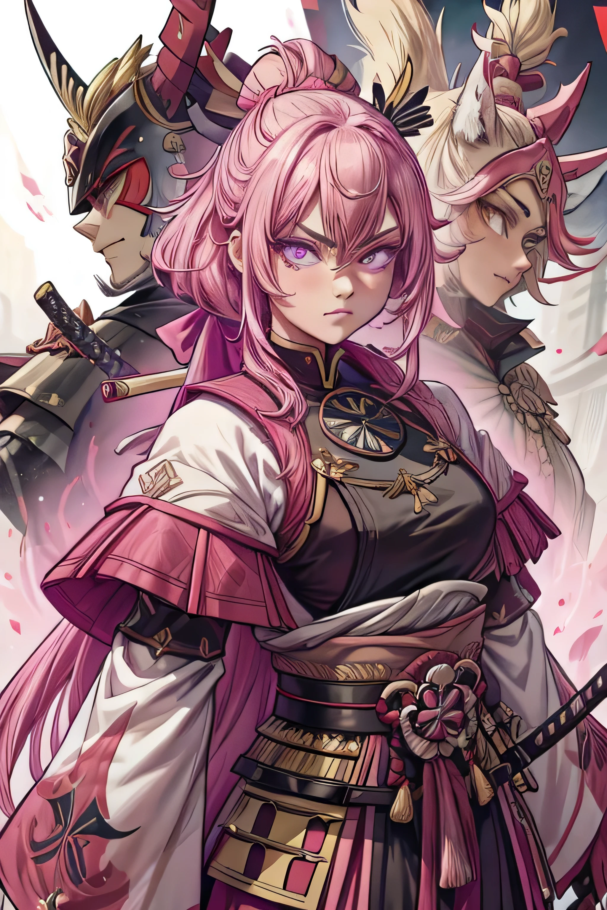 mulher, samurai, paleta de cores rosa, cabelo longo, cabelo rosa pink, cores rosa forte, armadura, armadura samurai, obra de arte, melhor qualidade, 4k, segurando espada japonesa, segurando katana, katana, full samurai armor, rosto tranquilo, olhos azuis.
