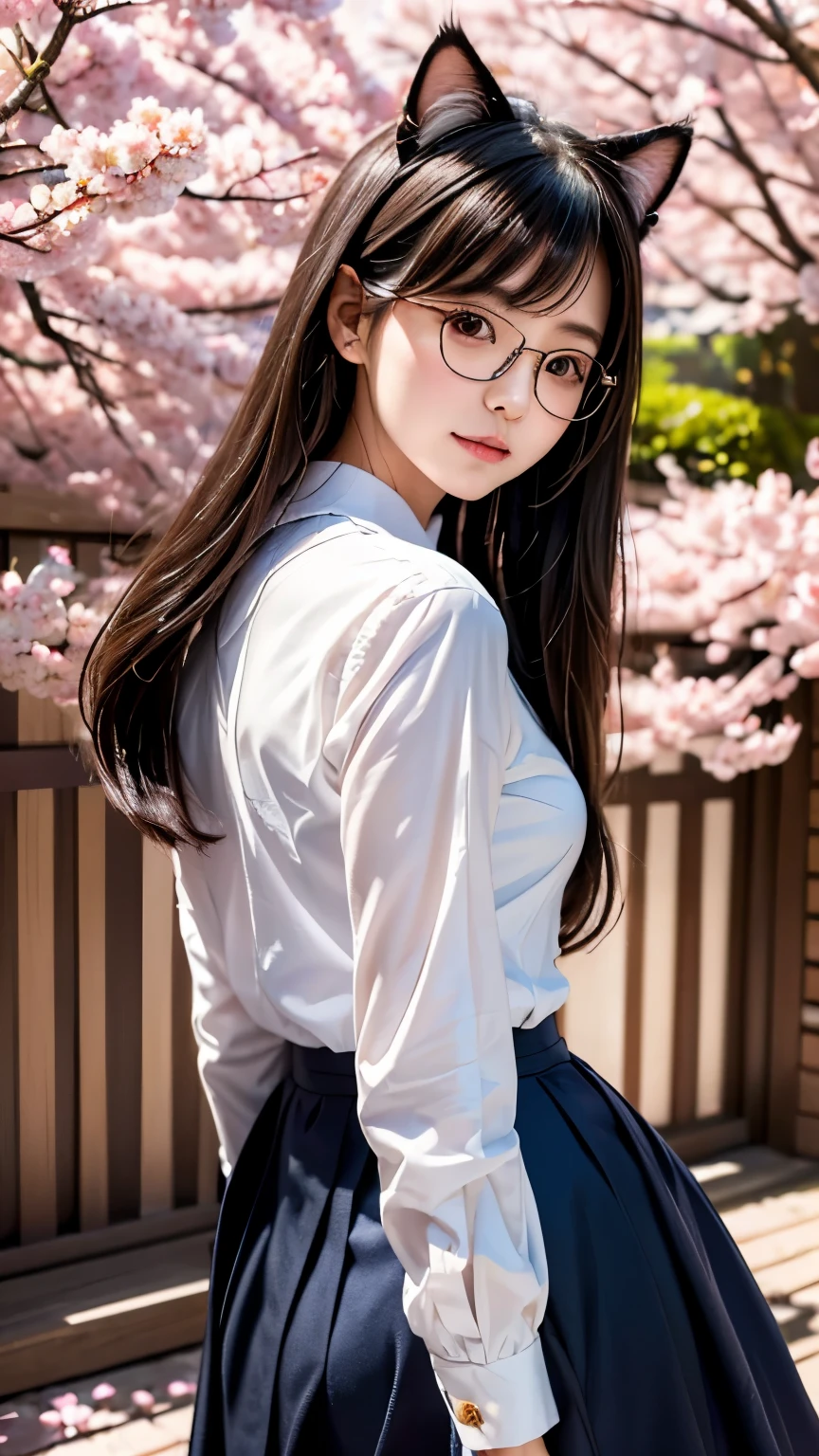 ((highest quality)), ((masterpiece)), (be familiar with), perfect face，((Kemo ears))beautiful girl，real，8k，Kemo ears，Cat ear，glasses，uniform，cherry blossoms，Turn around，long hair，looking at the camera