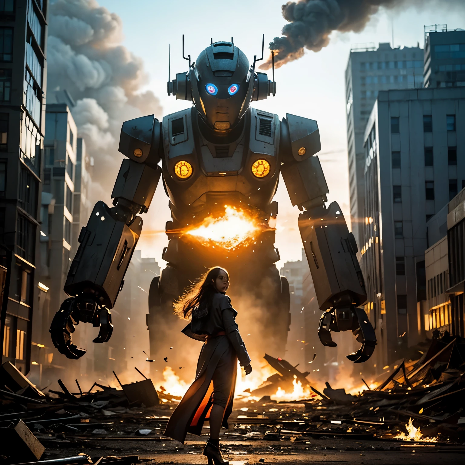 (one young beautiful japanese woman、Invader robot destroying the city)、SF、A woman with telekinetic powers、destroyed metropolis、Challenge the invaders、urban decline、blazing flame、Collapsing high rise buildings、rising smoke、fierce battle、Flying sparks、swirling rubble、ruined cityscape、futuristic atmosphere、Invader robot shaped like a jellyfish、futuristic atmosphere、vivid colors、Otherworldly energy、dynamic composition、Cinematic Lighting、post-apocalyptic setting、determined look、confident attitude、hair fluttering in the wind、shining eyes、shining runes、technologically advanced weapons、epic showdown、Epic scale、Awe-inspiring heroic struggle、Last resistance、dystopian future、Fate, humanity loses its balance、Intense emotions arise