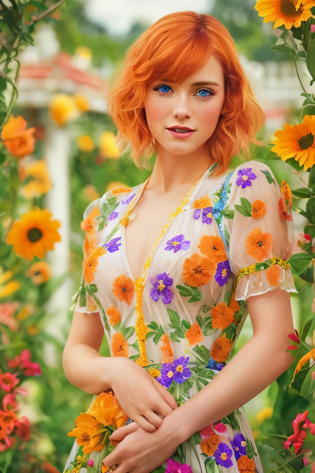 Masterpiece, (Bryce Dallas Howard: 0.5), 20 years, young, short hair, vivid orange hair, shy, cute, playful smile, high detail face, high detail skin, delicate colorful floral dress, (high detail eyes:1.3), (small breasts:1.2), (strong athletic body), garden wiith colorful flowers background, (UHD, 8K wallpaper, High resolution), Cinematic lighting, award-winning, extremely white detailed skin, extra detailed face, high detail eyes, photo-realistic, Zeiss 85 mm F/1.4, by Ellen von Unwerth