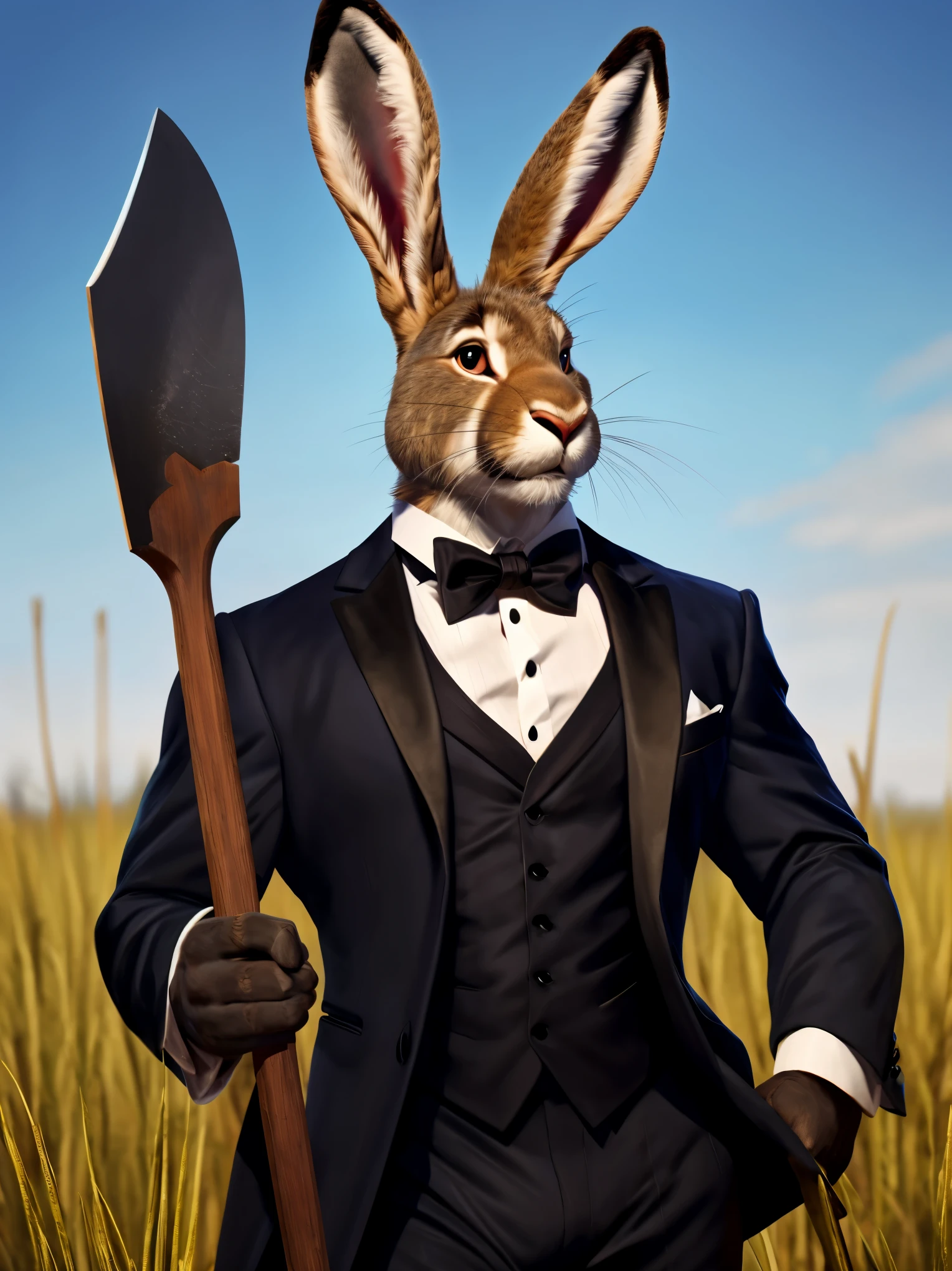 Hare, hare in tuxedo, anthropomorphic, long ears, black suit, holding an ax, wooden handle bunny, in a field, anatomy, good anatomy, perfect anatomy, male anatomy, perfect body, By mystikfox61