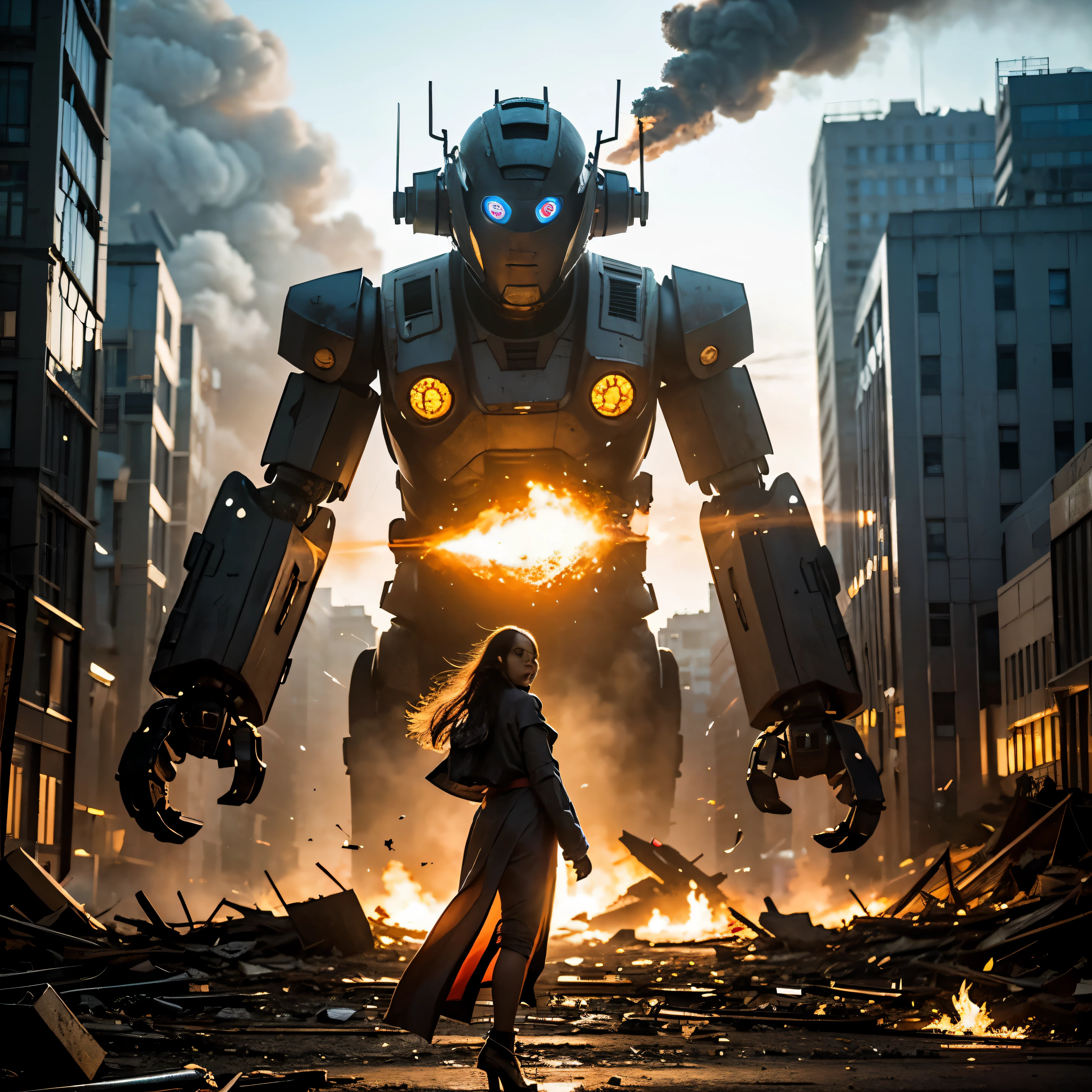 (one young beautiful japanese woman、Invader robot destroying the city)、SF、A woman with telekinetic powers、destroyed metropolis、Challenge the invaders、urban decline、blazing flame、Collapsing high rise buildings、rising smoke、fierce battle、Flying sparks、swirling rubble、ruined cityscape、futuristic atmosphere、Invader robot shaped like a jellyfish、futuristic atmosphere、vivid colors、Otherworldly energy、dynamic composition、Cinematic Lighting、post-apocalyptic setting、determined look、confident attitude、hair fluttering in the wind、shining eyes、shining runes、technologically advanced weapons、epic showdown、Epic scale、Awe-inspiring heroic struggle、Last resistance、dystopian future、Fate, humanity loses its balance、Intense emotions arise