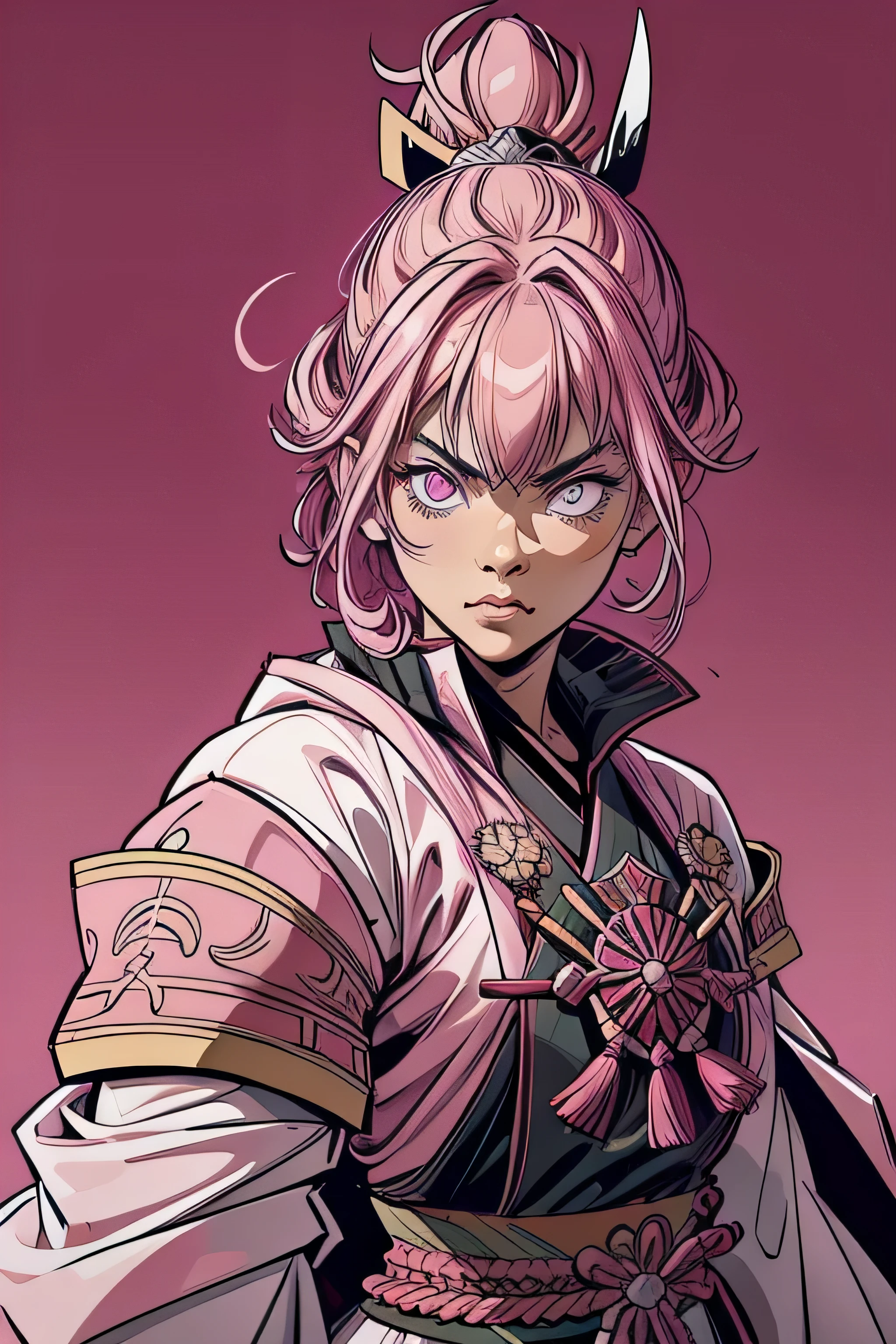 mulher, samurai, paleta de cores rosa, cabelo longo, cabelo rosa pink, cores rosa forte, armadura, armadura samurai, obra de arte, melhor qualidade, 4k, segurando espada japonesa, segurando katana, katana, full samurai armor, rosto tranquilo, olhos azuis.
