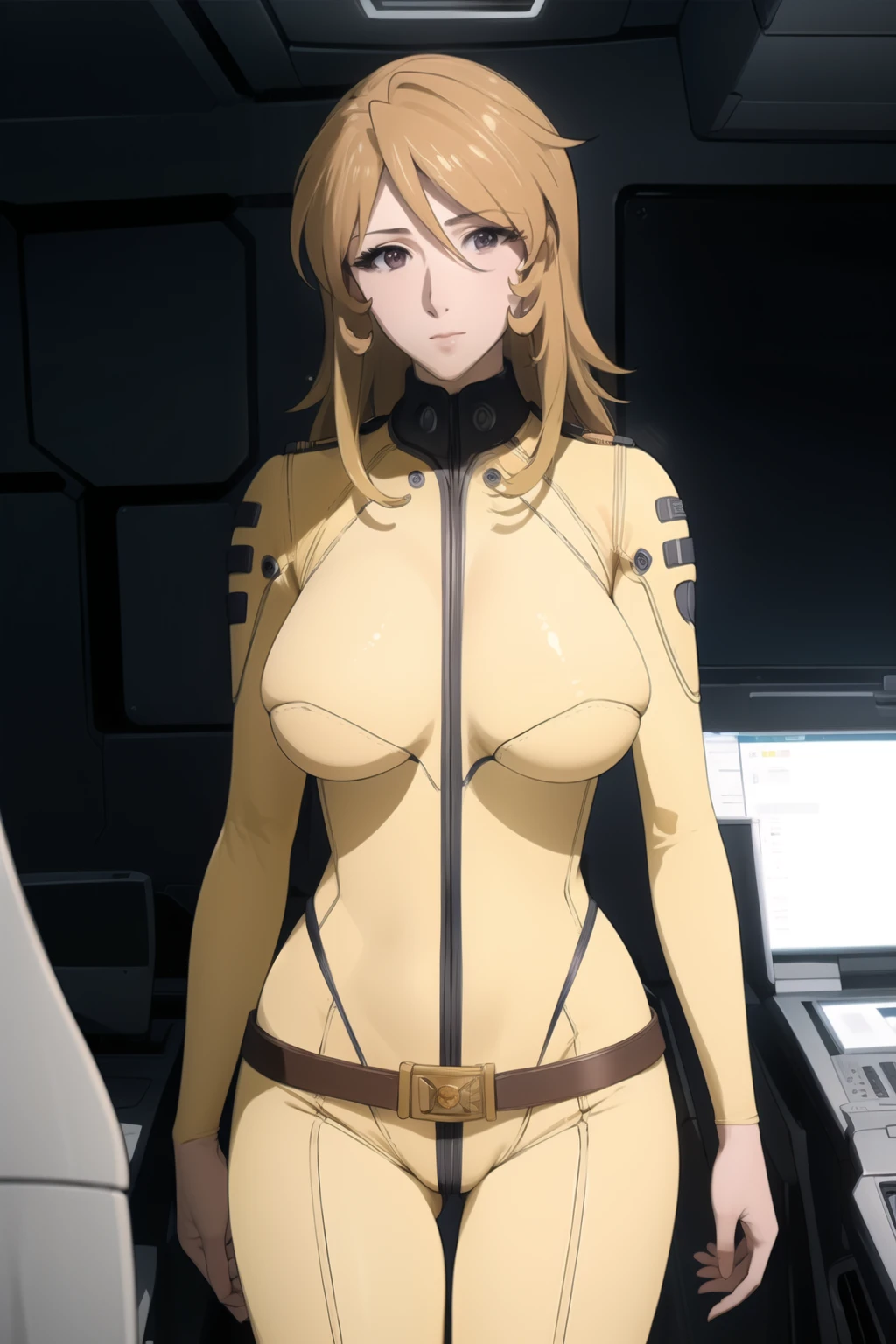 (((best quality))), (((masterpiece))), (((detailed))),
MoriYuki,
solo, closed mouth, light smile,
blonde hair, long hair, (brown eyes), (best quality eyes), (detailed face),  detailed textures, volumetric light, detailed lighting,
((MoriBodysuit)), (yellow bodysuit), belt,
standing, looking at the viewer, 
science fiction, cockpit, starry sky, ((big breasts)), (thighs), (look at the camera), NSFW, ((cyber pank))