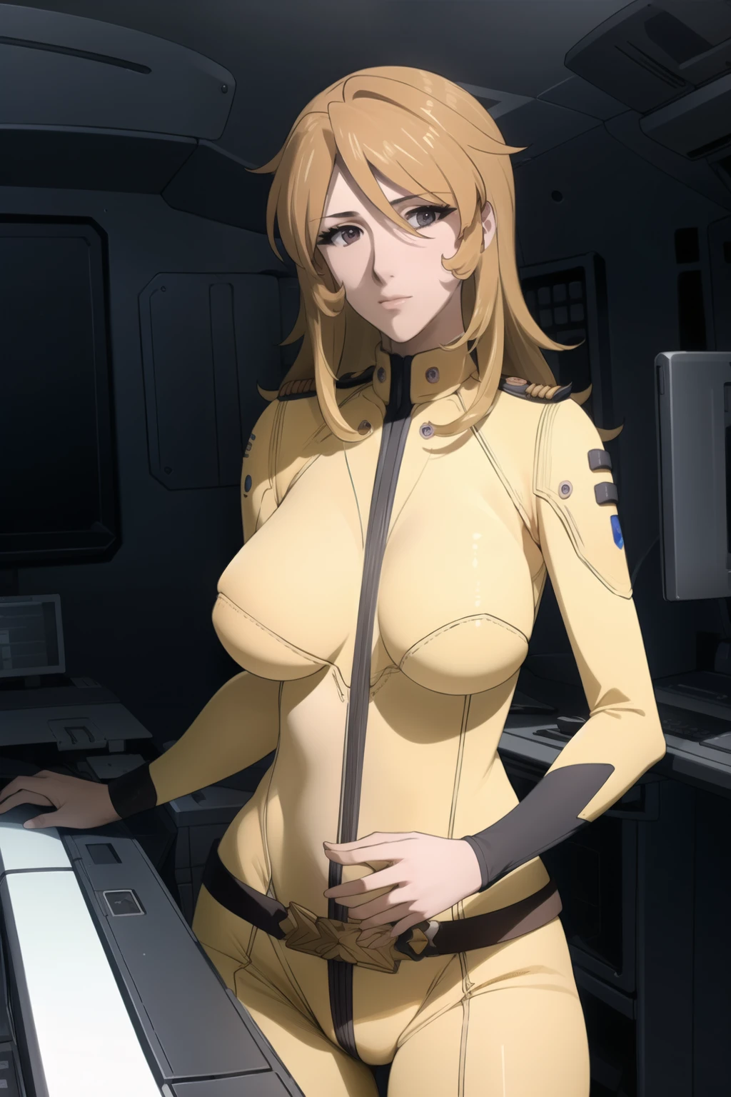 (((best quality))), (((masterpiece))), (((detailed))),
MoriYuki,
solo, closed mouth, light smile,
blonde hair, long hair, (brown eyes), (best quality eyes), (detailed face), detailed textures, volumetric light, detailed lighting,
((MoriBodysuit)), (yellow bodysuit), belt,
standing, looking at the viewer,
science fiction, cockpit, starry sky, ((big breasts)), (thighs), (look at the camera), NSFW, ((cyber pank))