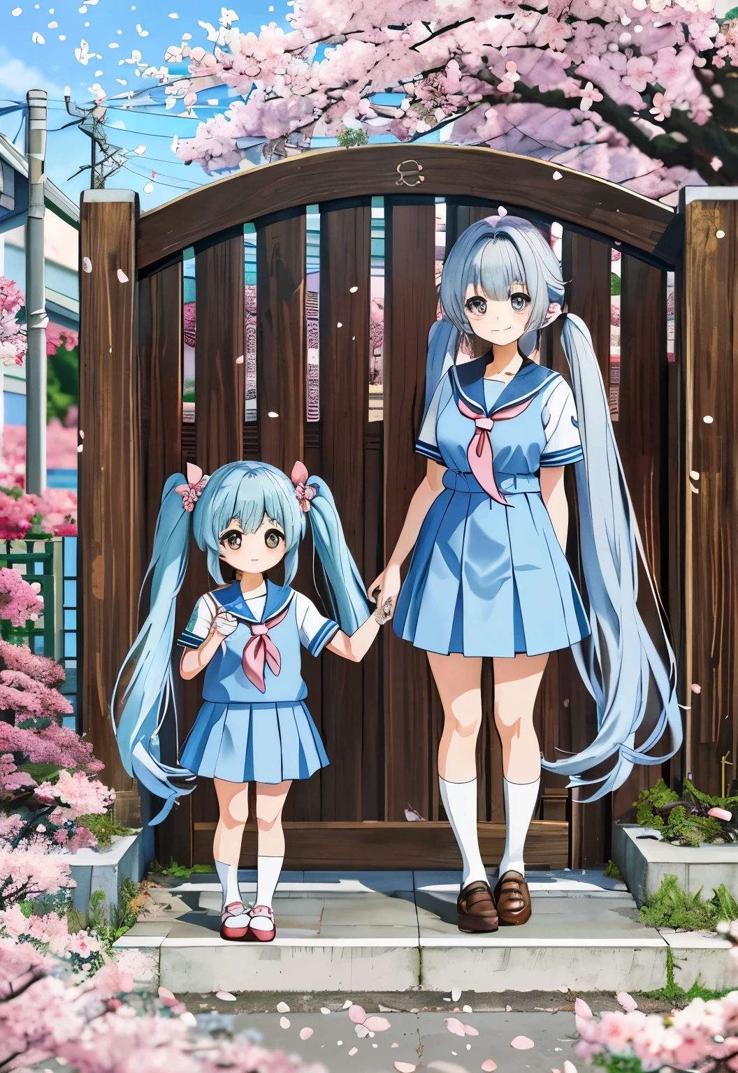 light blue long hair、Chibi character with twin tails　School entrance ceremony with mom　Ｉtaken my mother’s lovely smile　sailor suit　　私n front of the school gate with cherry blossoms in full bloom