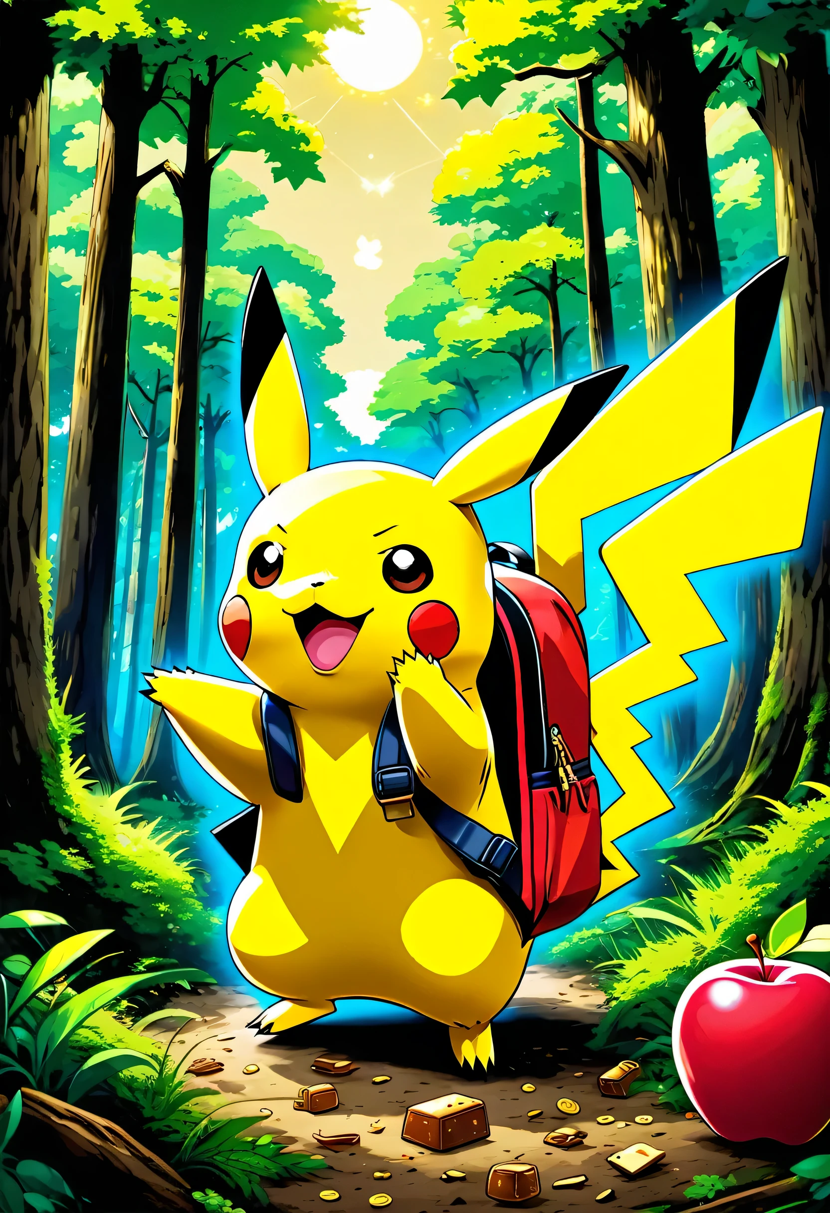 pokemon pikachu with a school bag and apple, poster art inspired by Ken Sugimori, pixiv, pop art, pikachu tarot card, illustration pokemon, concept art of pikachu, pikachu, pikachu on acid, trump training pikachu, pikachu eating a hamburger, pikachu in a forest, official artwork, Pokémon, official art, megaman as pikachu, surprised pikachu