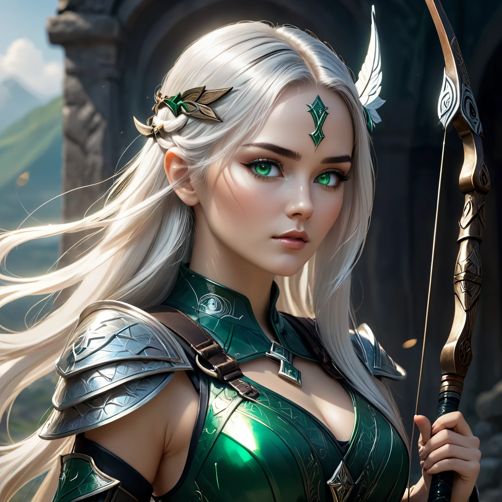 (masterpiece), 8k, best quality, panoramic view, full body view, with slightly flushed white skin, subtly contrasting with her long, silvery hair that cascaded over her shoulders that seemed to shine in the sunlight. Her body was slender and athletic, with a height of 168cm that gave her a natural elegance. Her green eyes add a captivating touch to her face and shine with an intensity, reflecting the depth of her soul, conservative detailed warrior outfit, holding war bow with rune writing