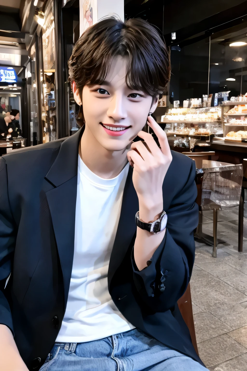 Photorealsitic, 8K full body portrait, a handsome, a 20-year-old man, detailed face、Super handsome、ideal junior、perfect face、detailed images、Korean boy looking at me and smiling、beautiful teeth、model、Idol、korean boy、Jungkook、medium hair、Date Day、Look at me and smile、city、meeting、Street fashion、GUCCI、sexy look、date