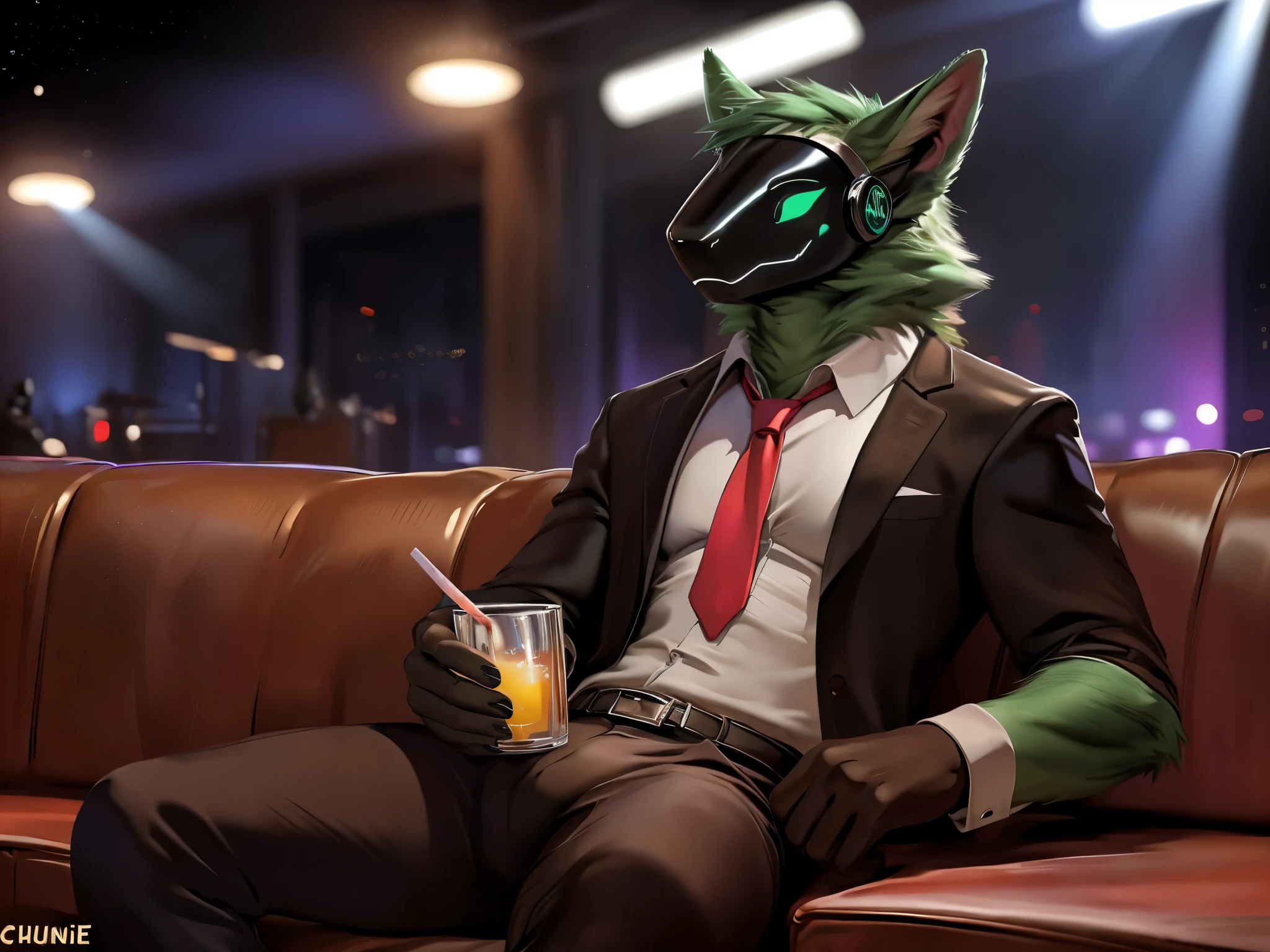 posted on e621, (by Chunie), Protogen,solo,masculine, Green fur with White stripes on the tips, Slim body, full body like, at a nightclub, Hitman wear, Black suit, Red tie, Sitting on the sofa, a cup of alcoholic drink, Abstract beauty, ultra detailed face, depth of field, motion blur, high details, high quality, award winning, HD, 16k, (best quality,4k,8k,highres,masterpiece:1.2),ultra-detailed,realistic:1.37,HDR,UHD,studio lighting,extreme detail description,professional,vivid colors,bokeh,lively atmosphere, natural lighting