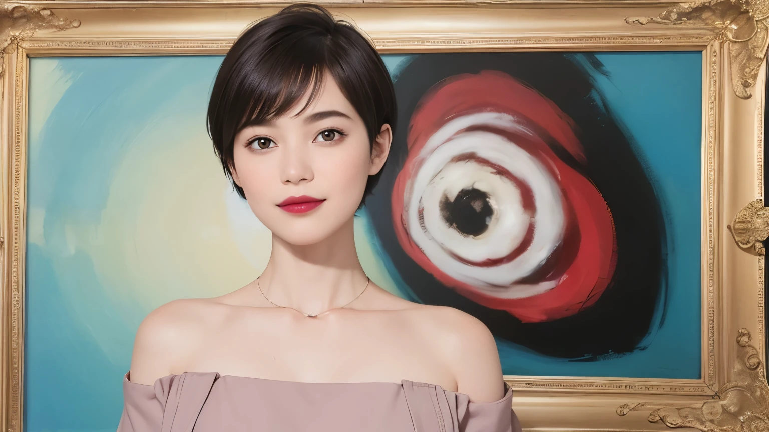 196 (snapdd00-Fp16), 1-9-6, woman, gentle smile, lipstick, short hair, The background is an avant-garde abstract painting..., big picture frame