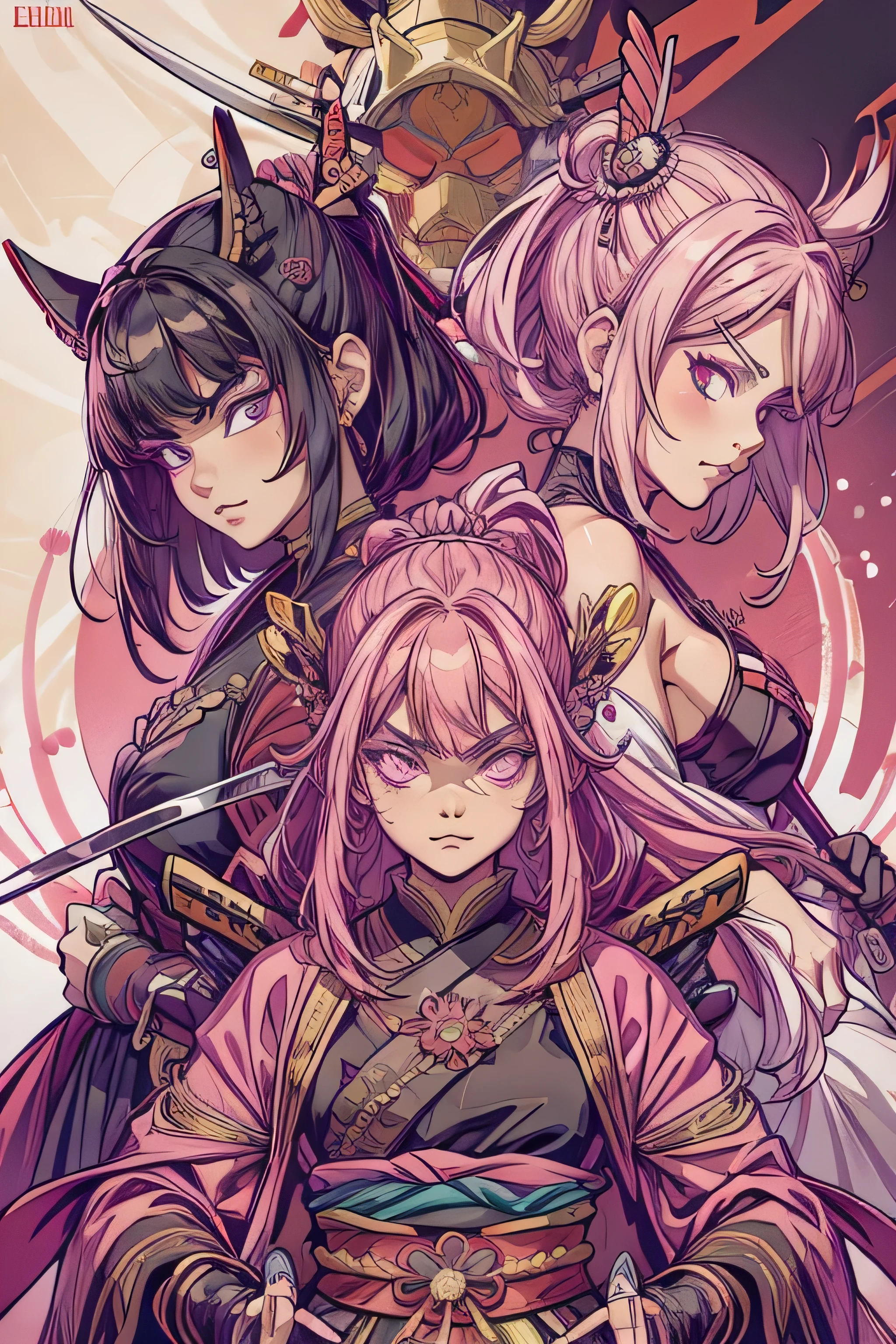 mulher, samurai, paleta de cores rosa, cabelo longo, cabelo rosa pink, cores rosa forte, armadura, armadura samurai, obra de arte, melhor qualidade, 4k, segurando espada japonesa, segurando katana, katana, full samurai armor, rosto tranquilo, olhos azuis.
