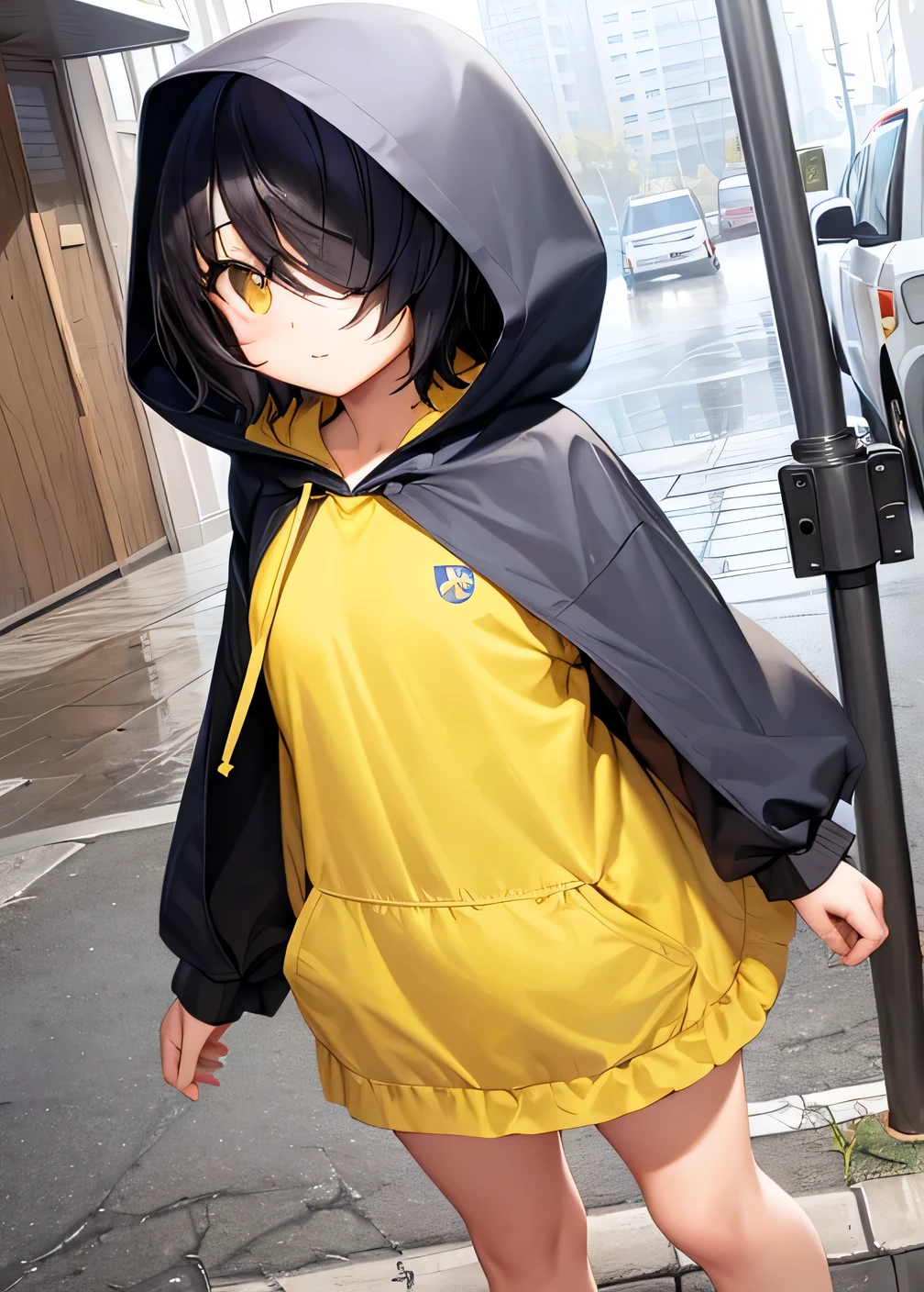 , (((hair over eyes))), Litte, girl, kid, ((One eye)), simple hood, ((yellow hood)), bottomless, nothing underneath, (naked hood), (Hair in eyes), Black hair, Slim, ((Short hair)), Seeing from below, gojo eye, spread pussy, Rain, Sidewalk, 5 fingers,