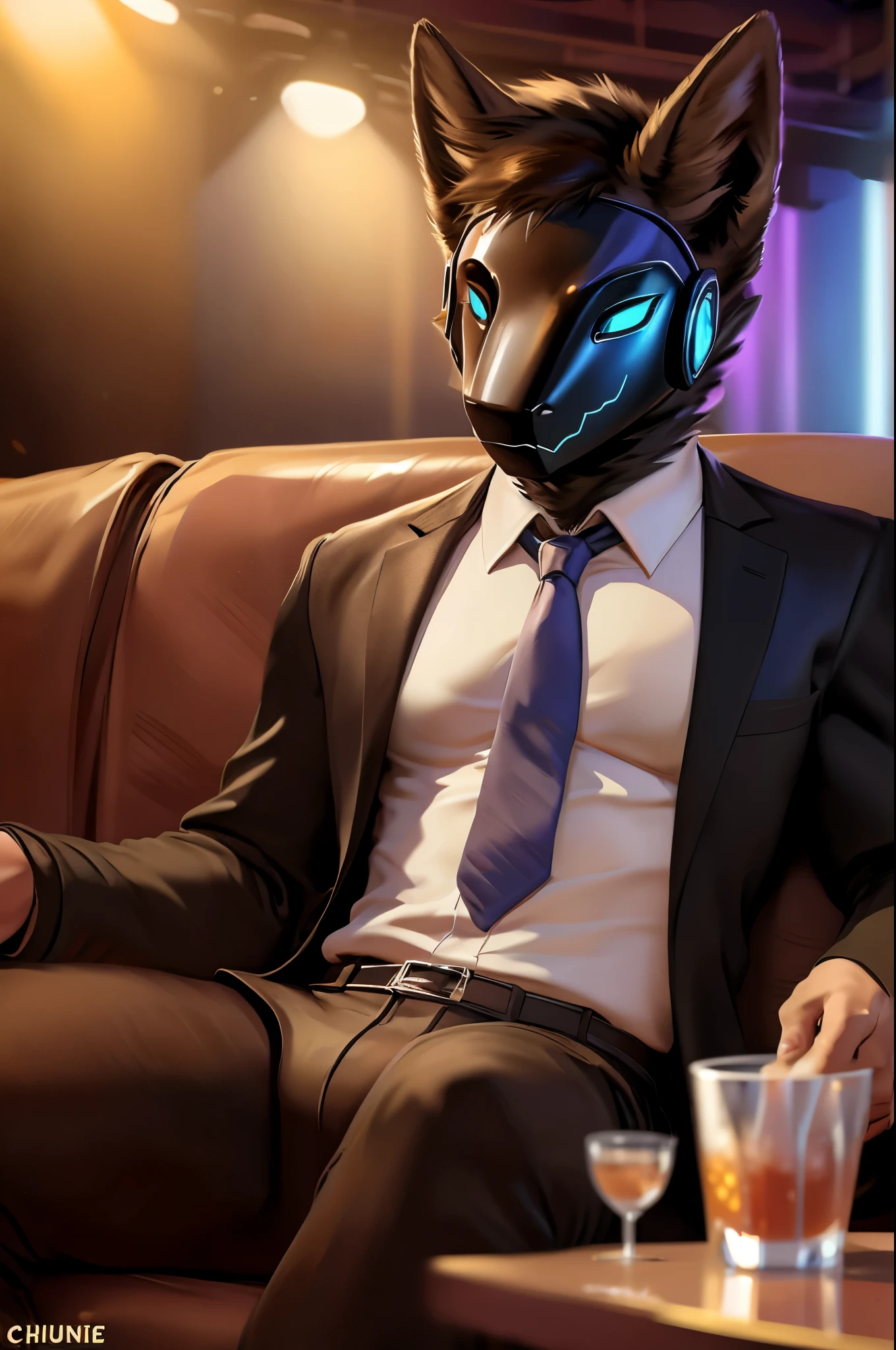 posted on e621, (by Chunie), Protogen,solo,masculine, Black fur with White stripes on the tips, Slim body, full body like, at a nightclub, Hitman wear, Black suit, Red tie, Sitting on the sofa, a cup of alcoholic drink, Abstract beauty, ultra detailed face, depth of field, motion blur, high details, high quality, award winning, HD, 16k, (best quality,4k,8k,highres,masterpiece:1.2),ultra-detailed,realistic:1.37,HDR,UHD,studio lighting,extreme detail description,professional,vivid colors,bokeh,lively atmosphere, natural lighting