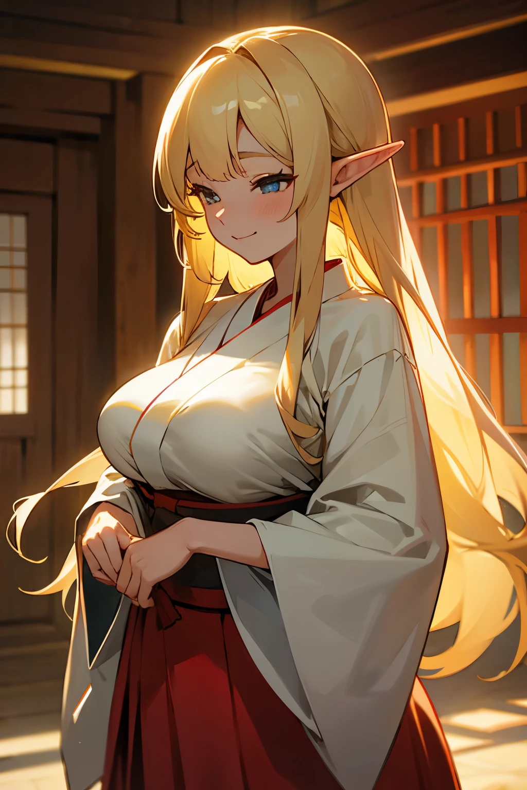 half body shot of an elf with straight long blonde hair, big breasts with a curvy body, on her upper body she is wearing a white kimono shirt, and on the bottom half she is wearing a red hakama skirt, similar to a shrine maiden, she is smiling and has a caring expression, she is inside a wooden room and is not holding anything, there is no magic